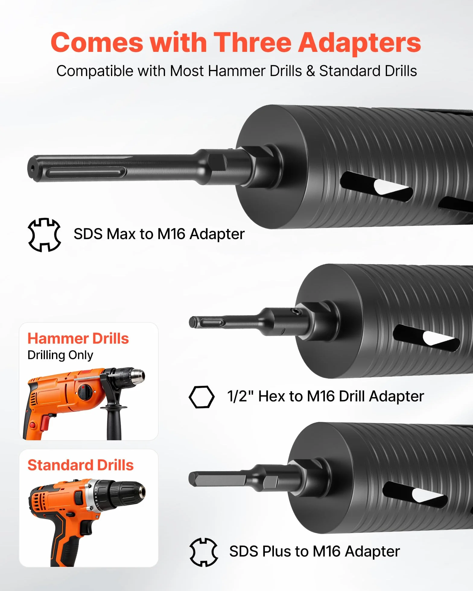 VEVOR Bity do murarstwa, średnica 102 mm, głębokość wiercenia 241 mm, gwint wewnętrzny M16, wiertło diamentowe na sucho z 3 adapterami, klucz sześciokątny do betonu zbrojonego