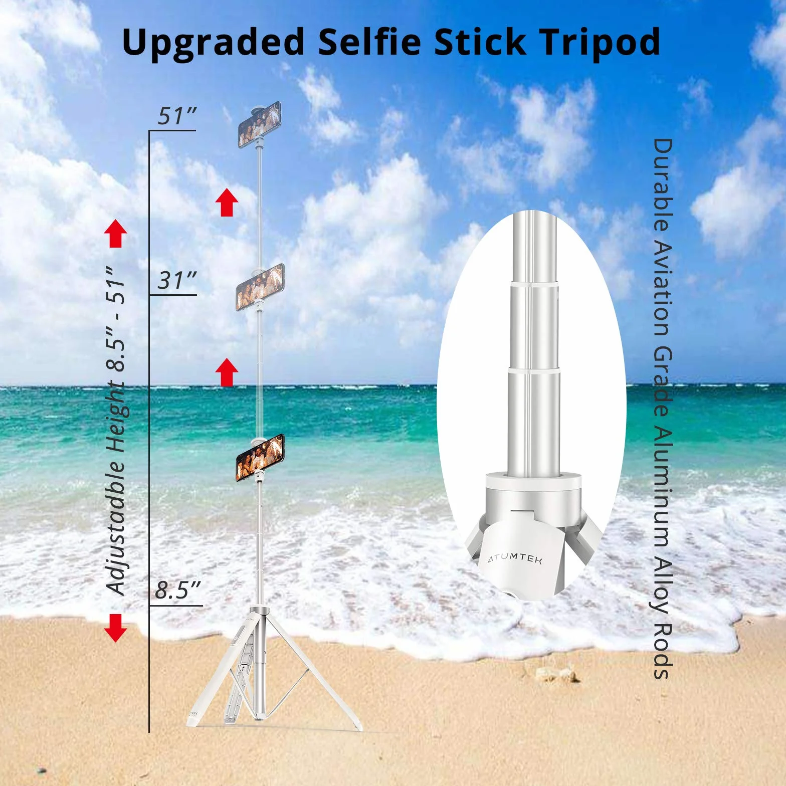 ATUMTEK Kijek do selfie 130 cm Bluetooth aluminiowy trójnożny do iPhone Android