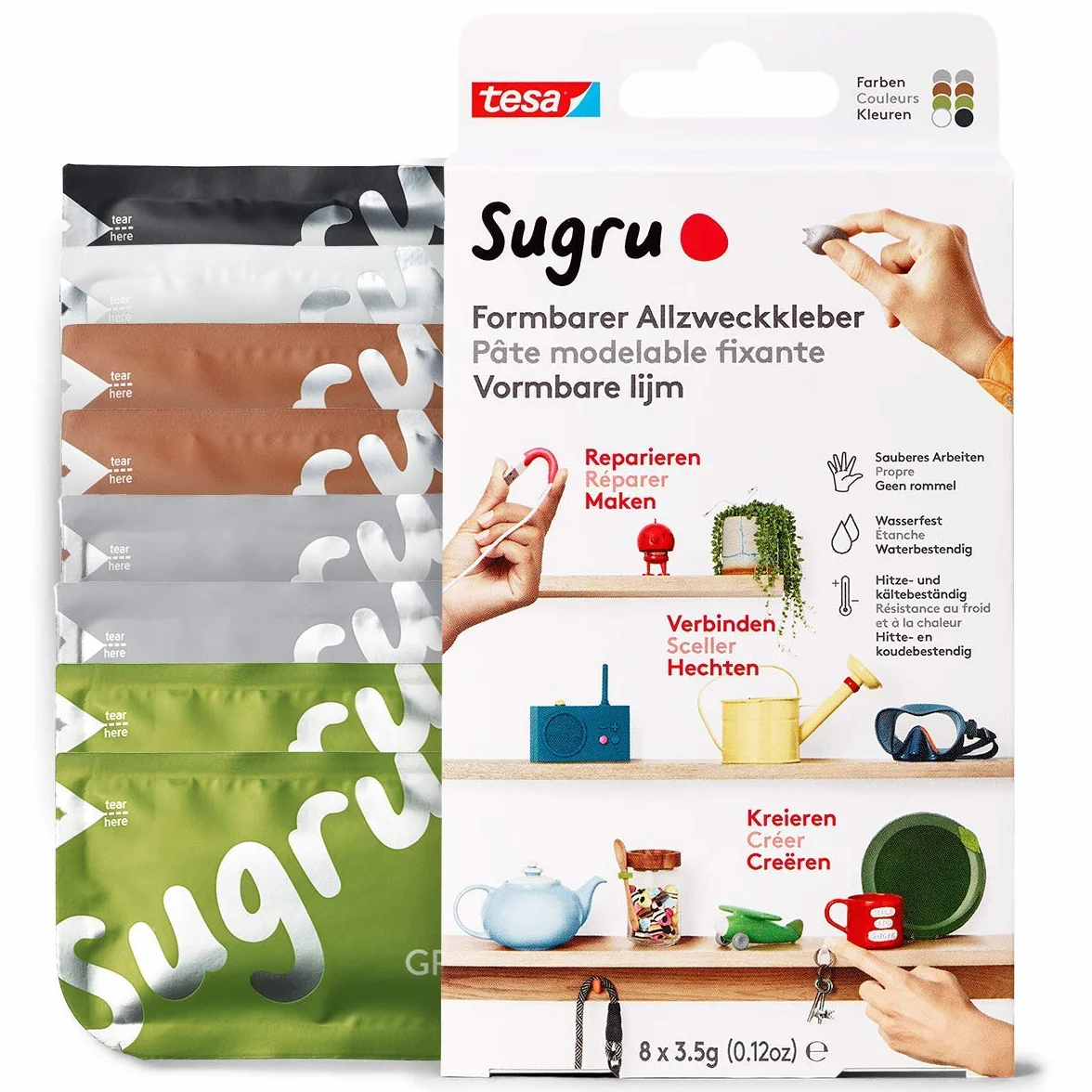 tesa® Sugru uniwersalny klej formowalny – wszechstronna silikonowa guma do napraw, klejenia i mocowania bez wiercenia – ośmiopak, 8 x 3,5 g, kolor: czarny, biały, zielony, brązowy & szary