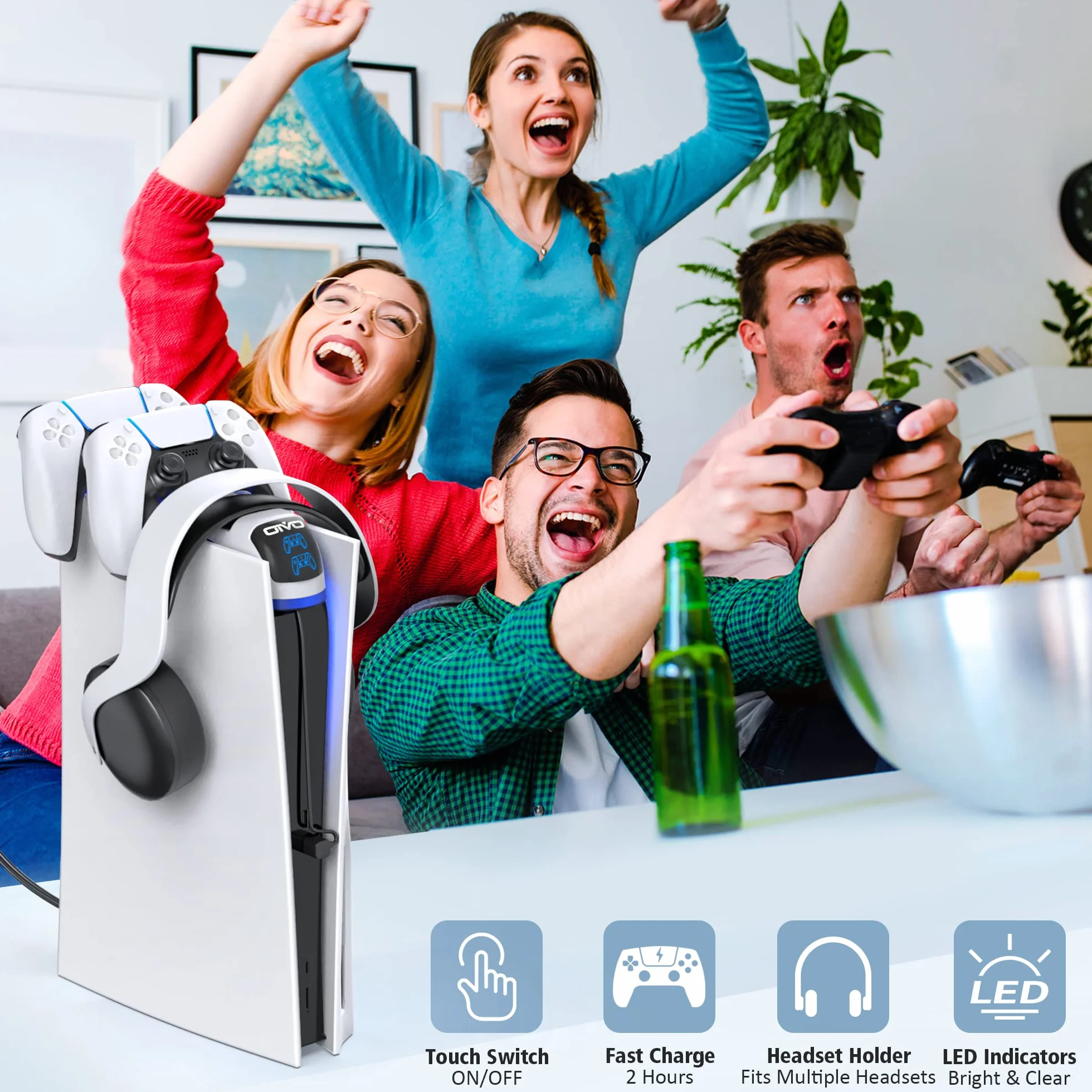 Stacja ładująca na kontroler PS5 z uchwytem na słuchawki, stacja ładująca PS5 z ulepszonym przełącznikiem dotykowym, kontroler Playstation 5, ładowarka z kablem do szybkiego ładowania, akcesoria do