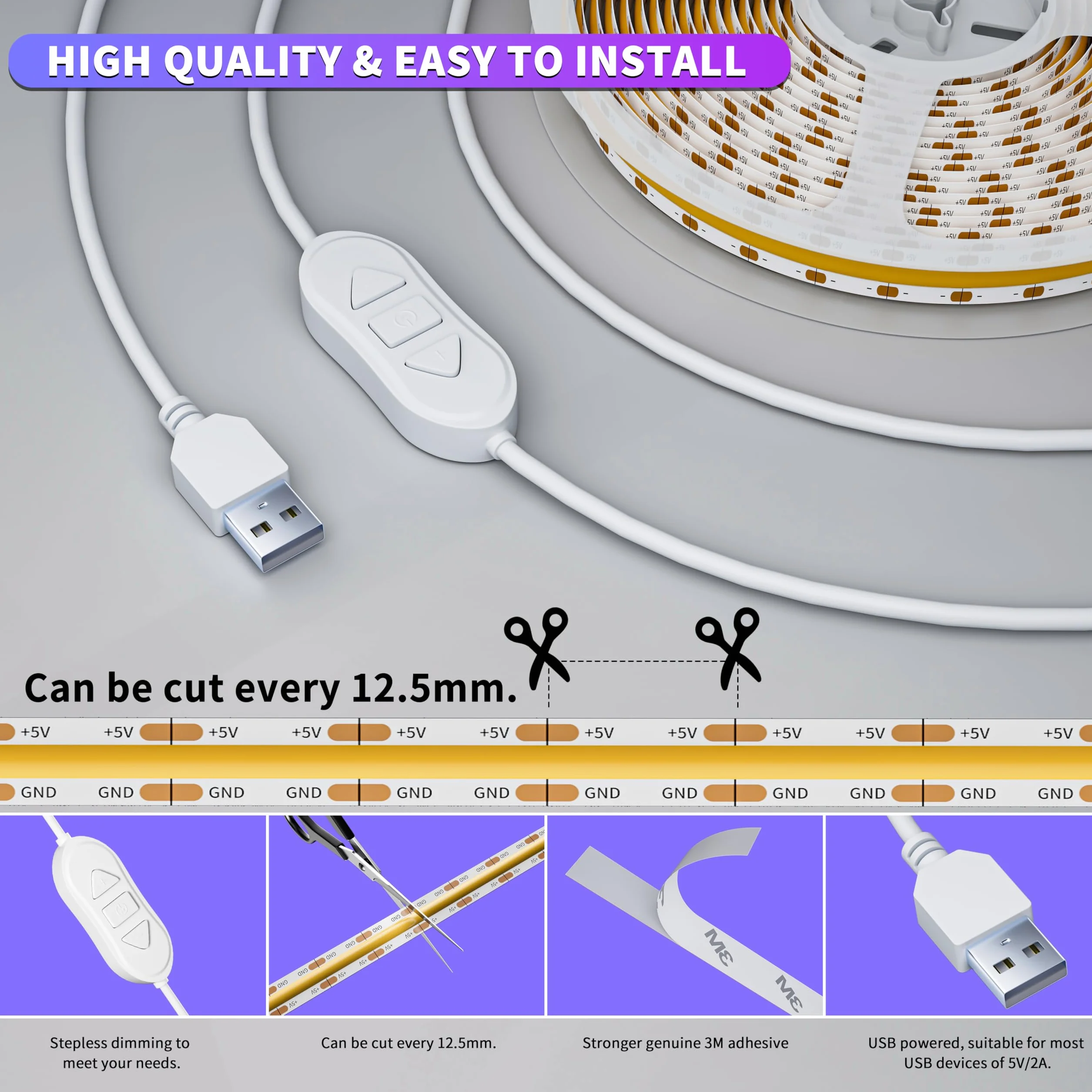 OULARA Taśma LED USB COB 5 V zimna biel 6000 K, 3 m, możliwość ściemniania, 960 diod LED COB LED, elastyczna taśma LED z funkcją pamięci, do oświetlenia tła telewizora, sypialni, lustra