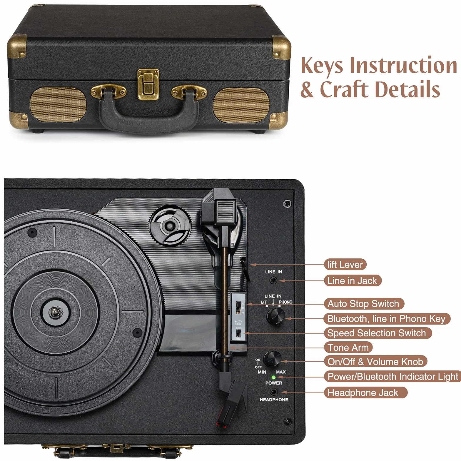 Płyta winylowa 3-biegowa 33/45/78 TR/min Bluetooth przenośna walizka z paskiem z wbudowanymi głośnikami wyjścia liniowego RCA Vintage Turntable