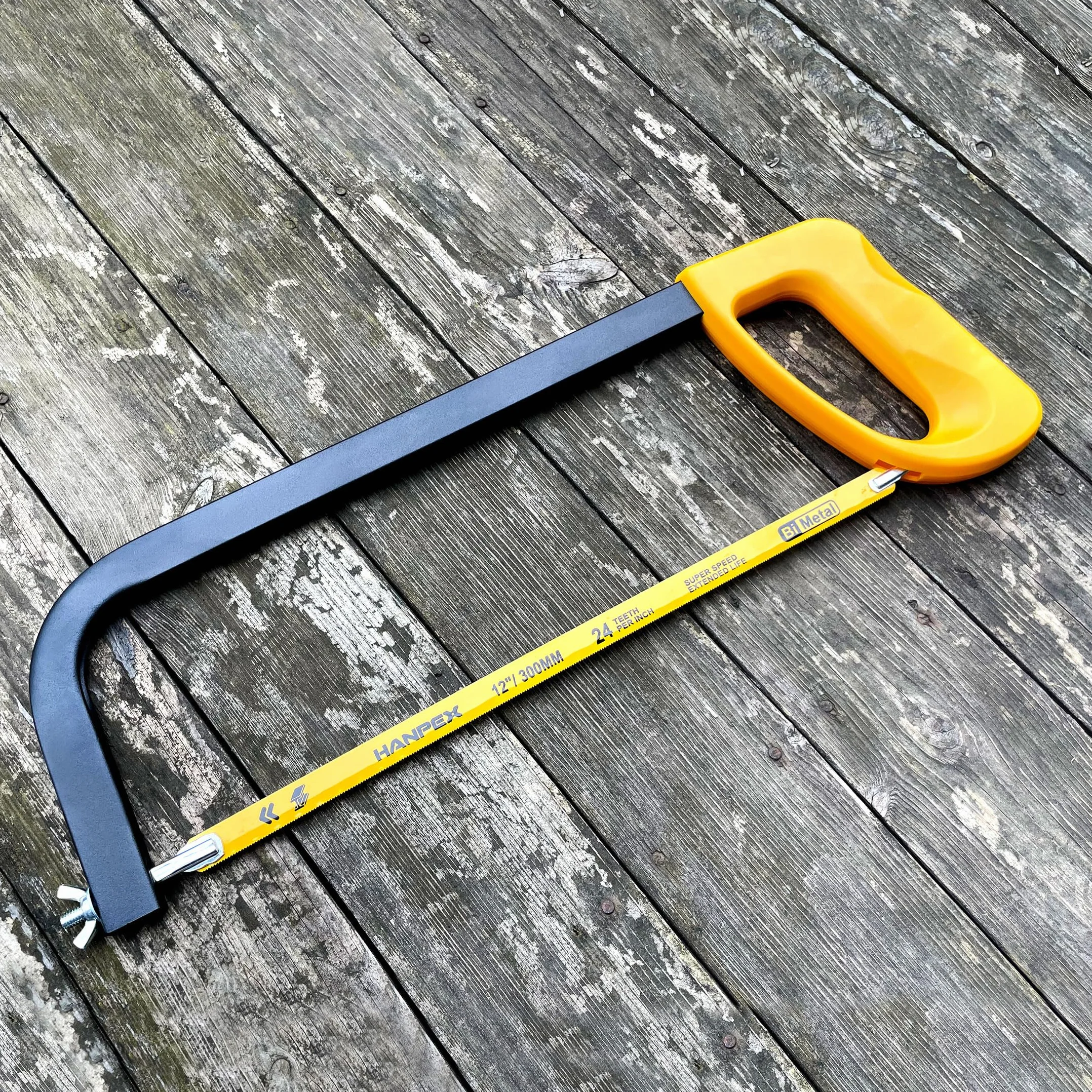 Hanpex 30,5 cm rama piły do metalu o wysokim napięciu z bi-metalowym ostrzem 24 TPI, piła ręczna odpowiednia do metalu, drewna, PCW, stolarki