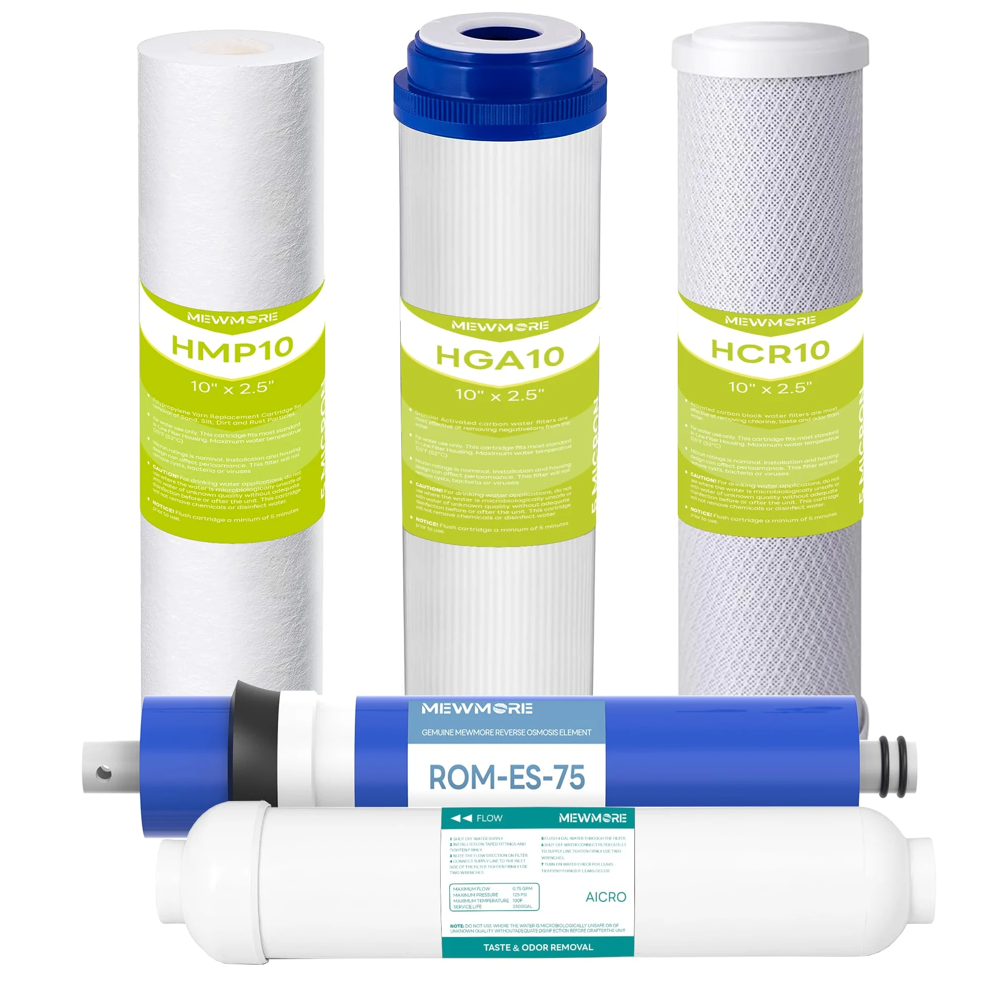 5-stopniowy zestaw filtrów do odwróconej osmozy 75G GPD na 1 rok, zestaw filtrów wody RO pod zlewem kompatybilny z większością systemów filtracji wody 25.4 cm, wyjście 1/10.2 cm.
