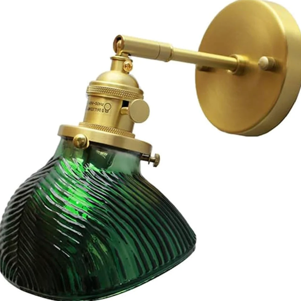 Mosiężna lampa ścienna z włącznikiem, lampka nocna, zielony klosz szklany, lampa ścienna E27 w stylu vintage, oświetlenie ścienne w stylu retro do sypialni, salonu, korytarza i schodów