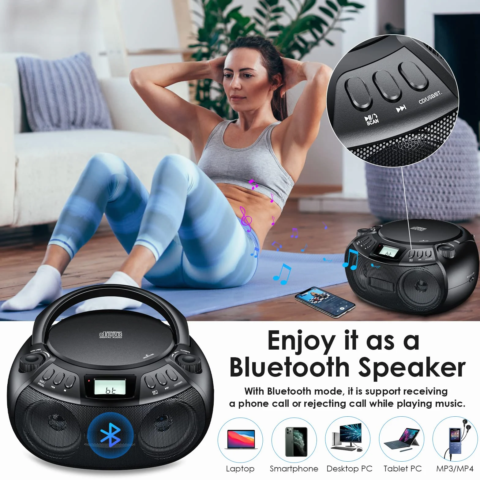 Gueray Przenośny odtwarzacz CD Boombox z Bluetooth, radio FM AM radio, głośnik stereo, wejście USB i AUX oraz porty słuchawkowe, wyświetlacz LCD 2 x 3 W RMS stereo
