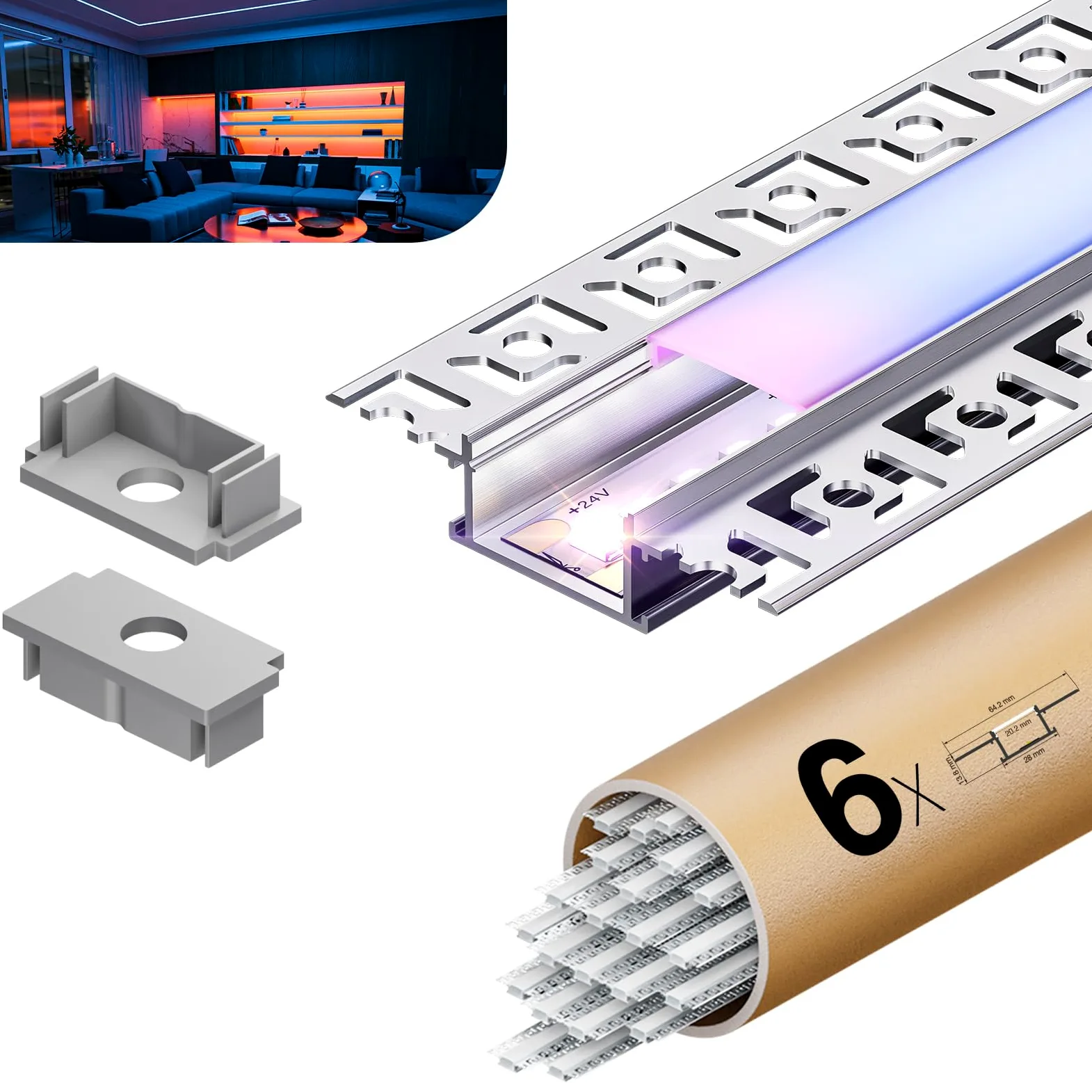 Profil aluminiowy do taśm LED 6 x 2 m tol 12 m, z matową pokrywą PC, profile LED rozmiar 28 mm (otwór 64,2 mm) x 10 mm, obsługuje paski o maksymalnej szerokości 20,2 mm