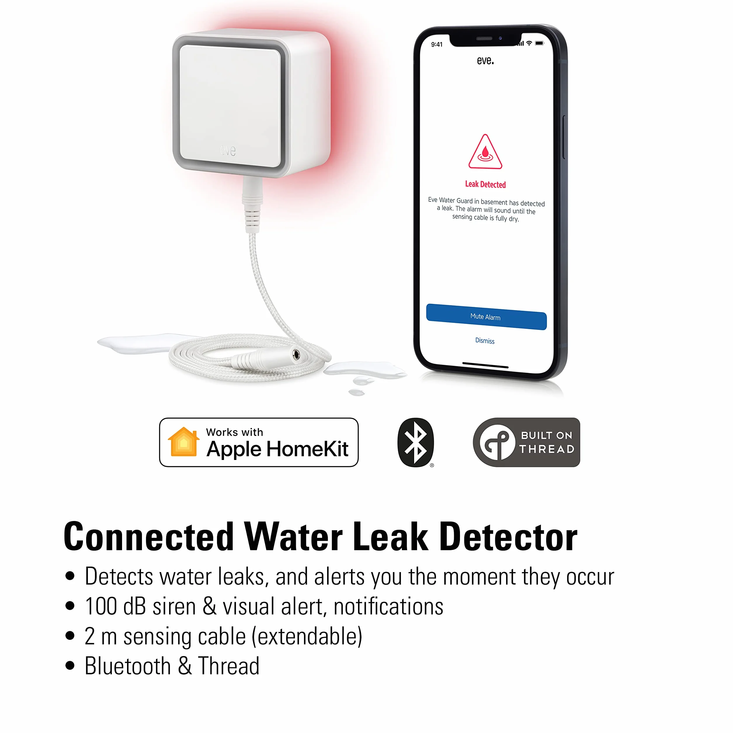 Eve Water Guard - inteligentny czujnik zalania, 2 m kabel, 100 dB alarm, iPhone, iPad, Apple Watch, Apple HomeKit, Bluetooth & Thread