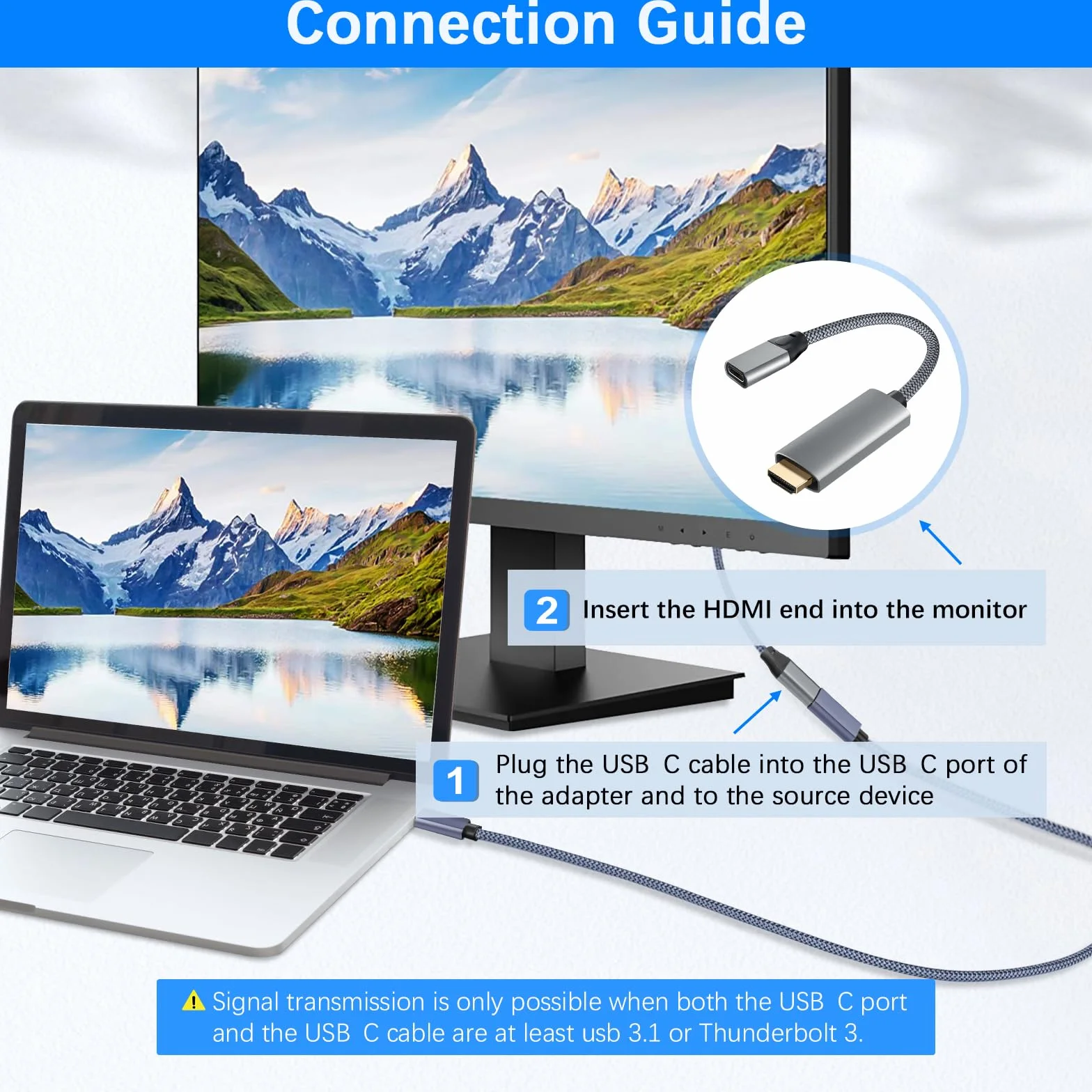 Basesailor Przejściówka USB-C na HDMI 4K 60 Hz Thunderbolt 3 Adapter do MacBook Pro