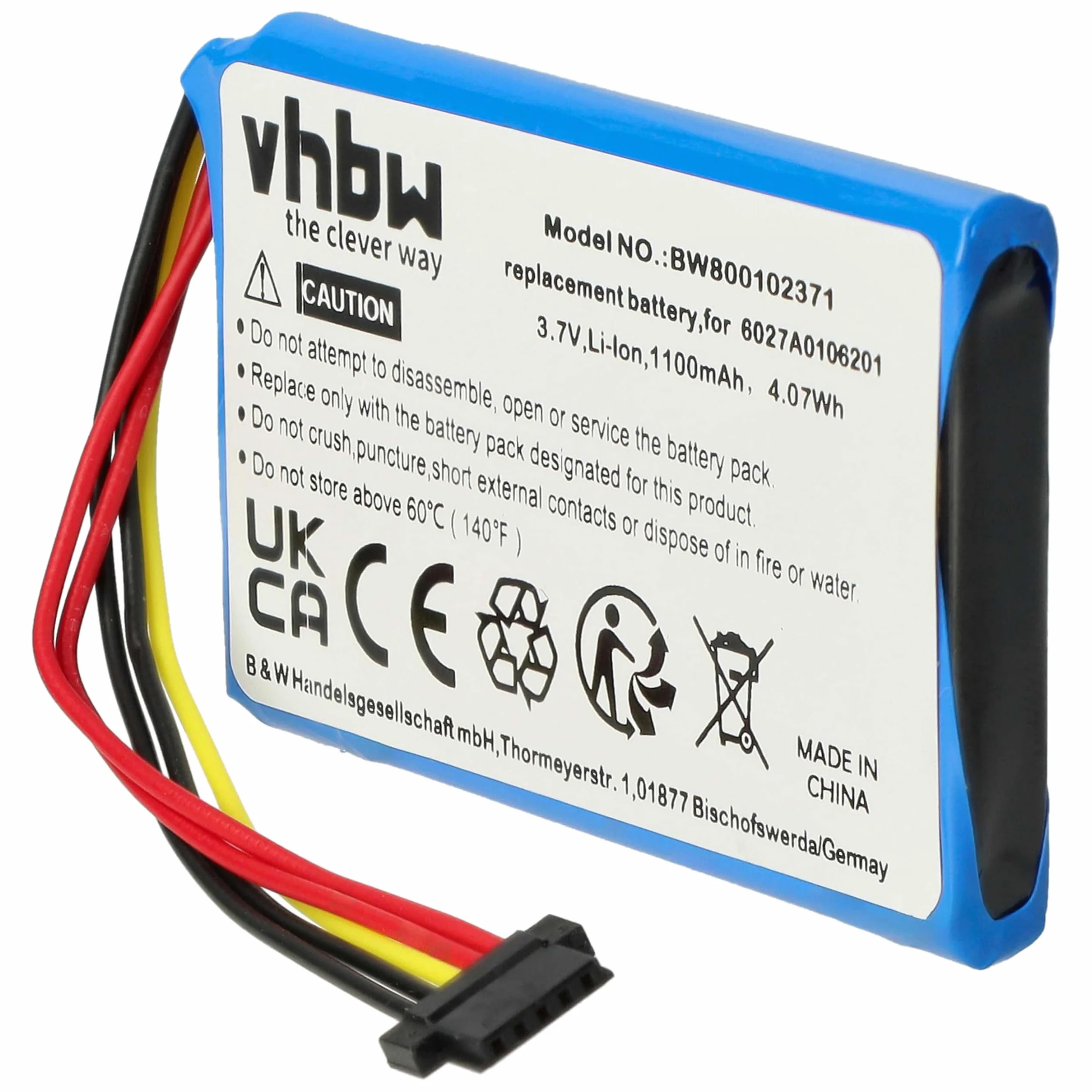 vhbw 1 x bateria kompatybilna z nawigacją Tomtom Go 6200, 6100, 6250, 4FL60 GPS Navigation Navi (1100 mAh, 3,7 V, litowo-jonowa)
