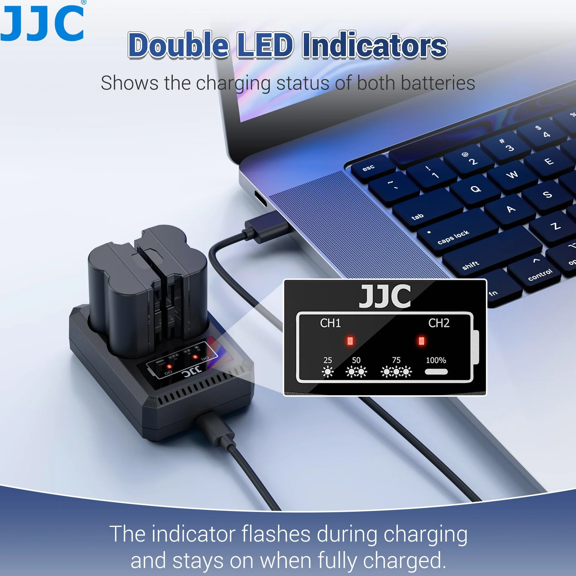 JJC Ładowarka podwójna baterii USB-C z kablem ładującym, kompatybilna z aparatami Fujifilm X-E5 X-E4 X-E3 X-E2 X100VI X100V X-Half X-PRO3 X-PRO2 X-T50 X-T30II X-T30 zamiennik Fuji NP-W126/NP-W126s