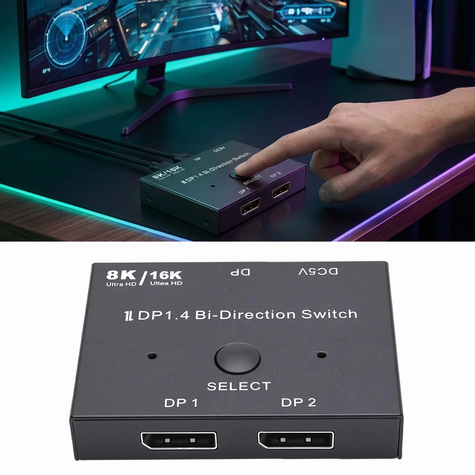 Cuifati Displayport 2.1 4K 8K 16K Wideo 2 na 1 Wyjście Rozgałęźnik Displayport Dwukierunkowy 8K Przy 120 Hz 4K Przy 240 Hz, na Wyjścia Konwerter Wideo DP 16K