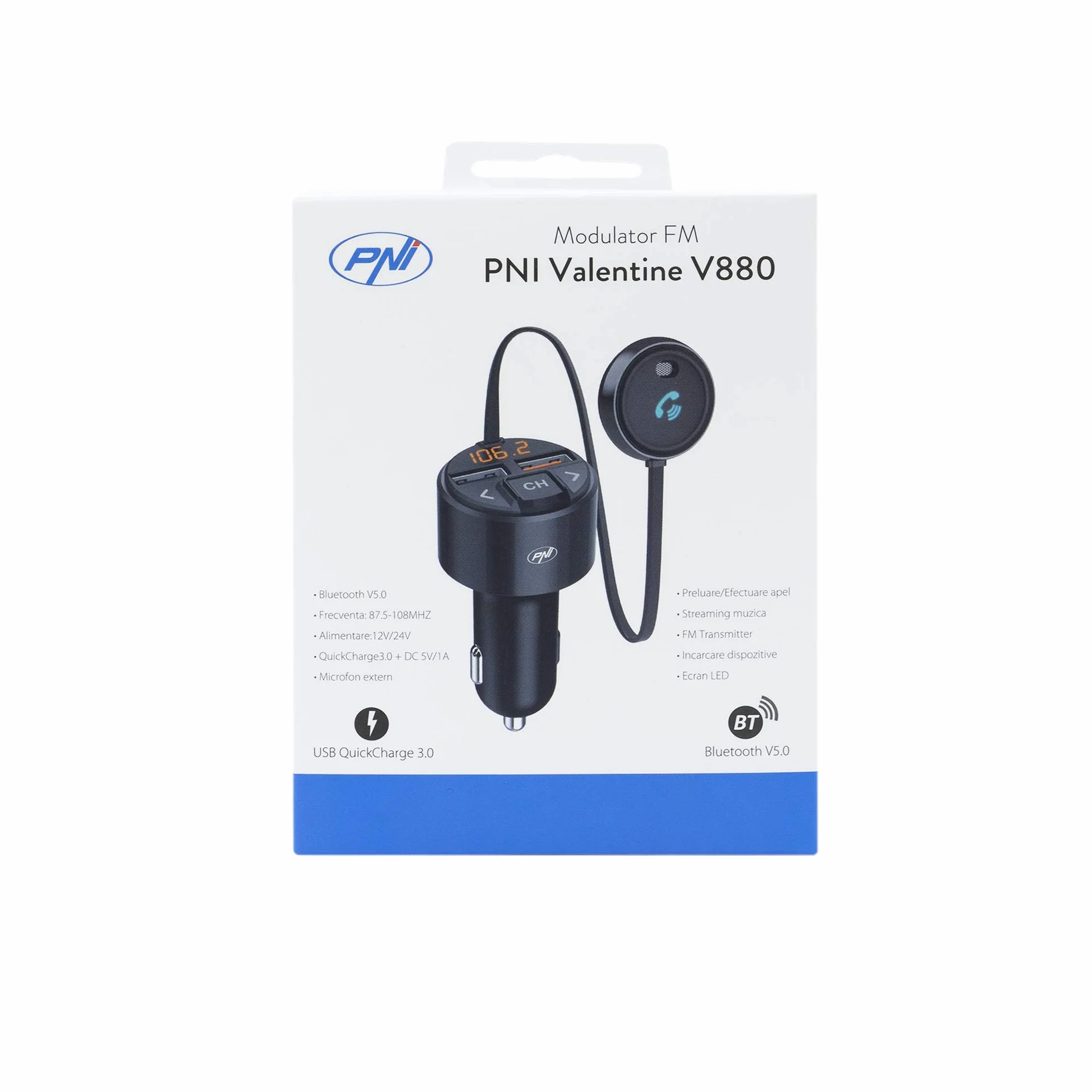 PNI PNI-V880 Valentine V880 modulator Bluetooth 5.0 MP3 odtwarzacz nadajnik FM USB QC3.0