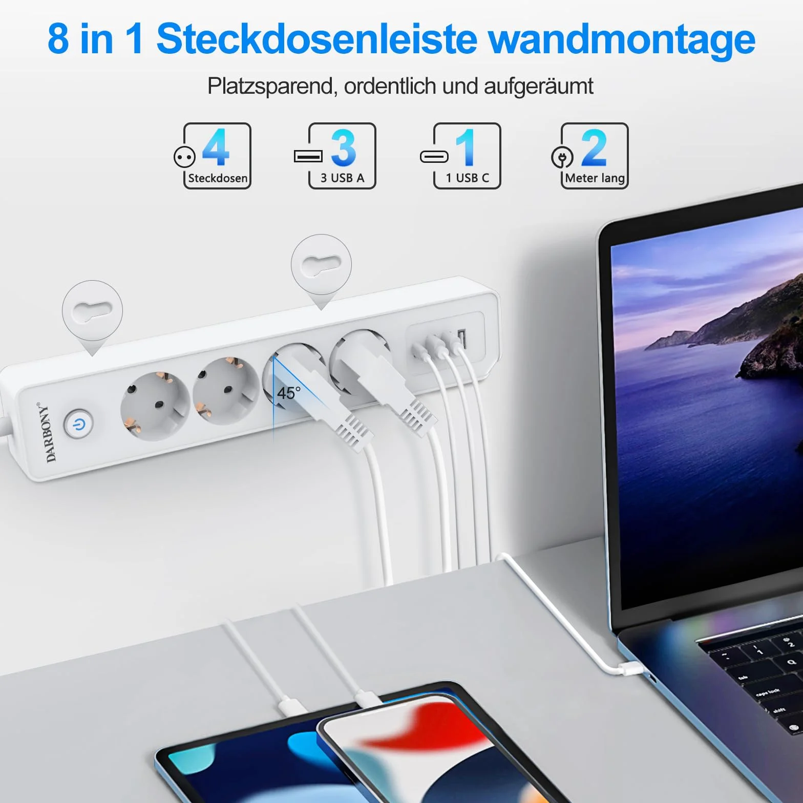 Darbony Listwa zasilająca 4 gniazda USB przełącznik ochrona przepięciem 3680W 16A USB C kabel 1,8m biała