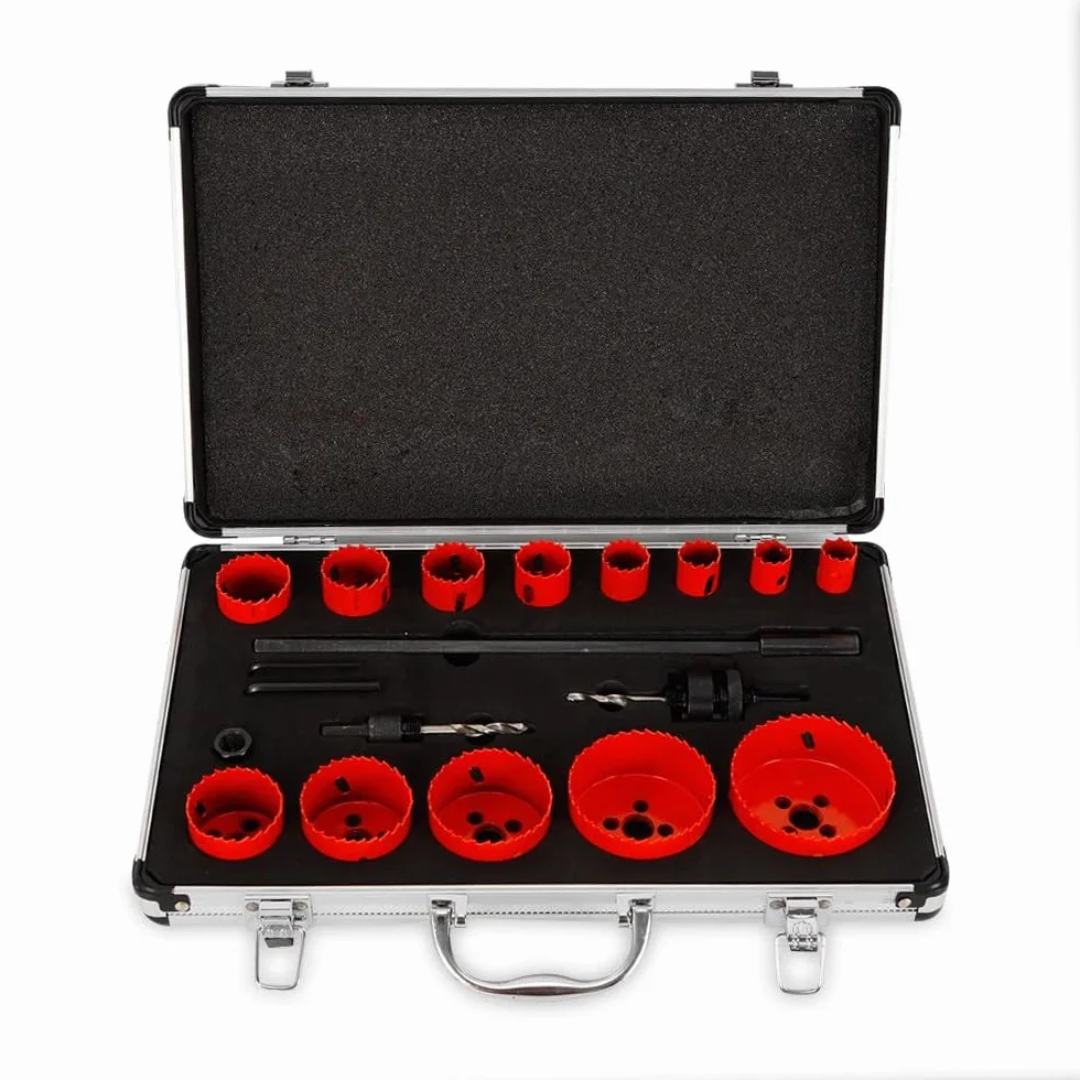 17-częściowy zestaw otwornic 19-76 mm HSS bimetalowy, akcesoria profesjonalny bimetaliczny zestaw otwornic do aluminium, drewna, płyty PCW, miękkiego metalu, płyty z tworzywa sztucznego