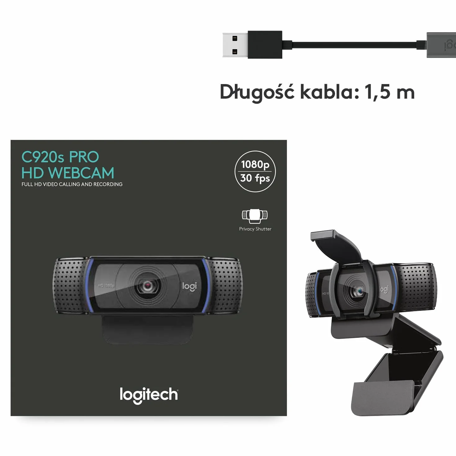 Logitech Full HD Pro C920 kamera internetowa, panoramiczne wideorozmowy i nagrywanie 1080p HD, automatyczna korekcja światła, mikrofony z redukcją szumów, stworzona do spotkań streamingu - Czarny