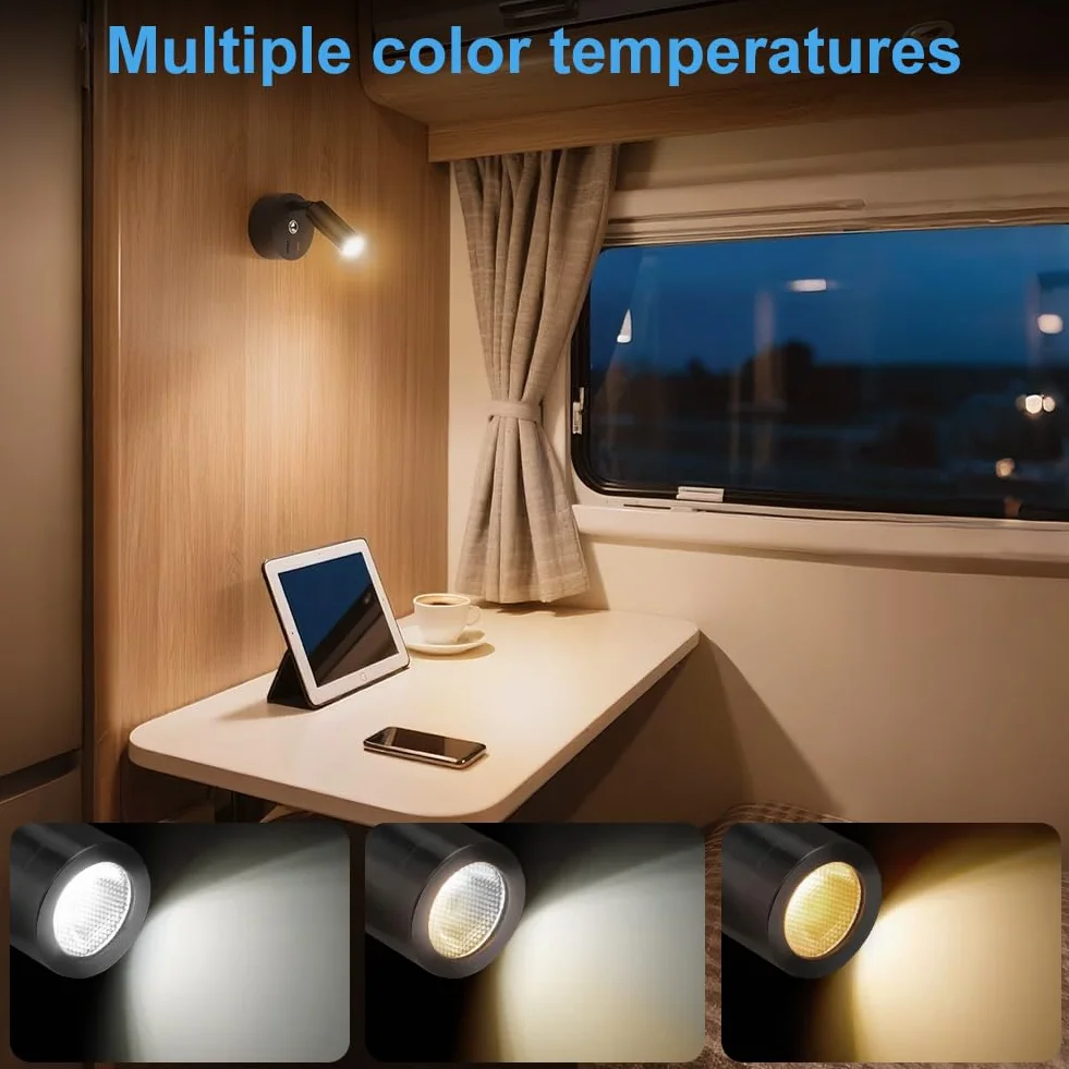 Lampa do czytania LED 12V do kampera, kamper, kinkiet lampa do łóżka z przełącznikiem dotykowym ściemniana, 3 tryby temperatury barwowej z funkcją ładowania złącza USB A+C, do oświetlenia