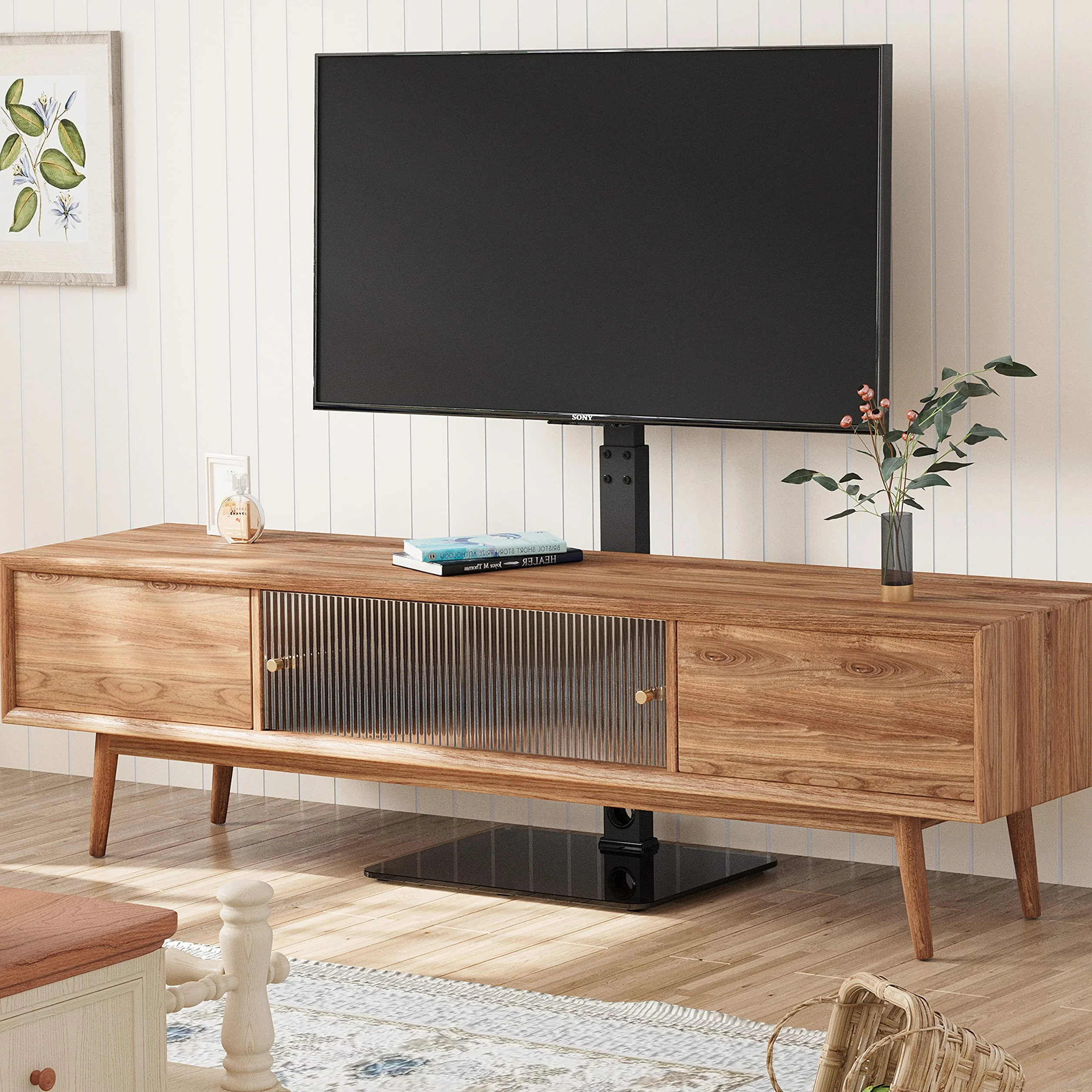 BONTEC Stojak Podłogowy TV 30-70 cali Obrót ±37° Regulacja Wysokości Max Udźwig 40 kg VESA 75x75-600x400 mm Szklana Podstawa