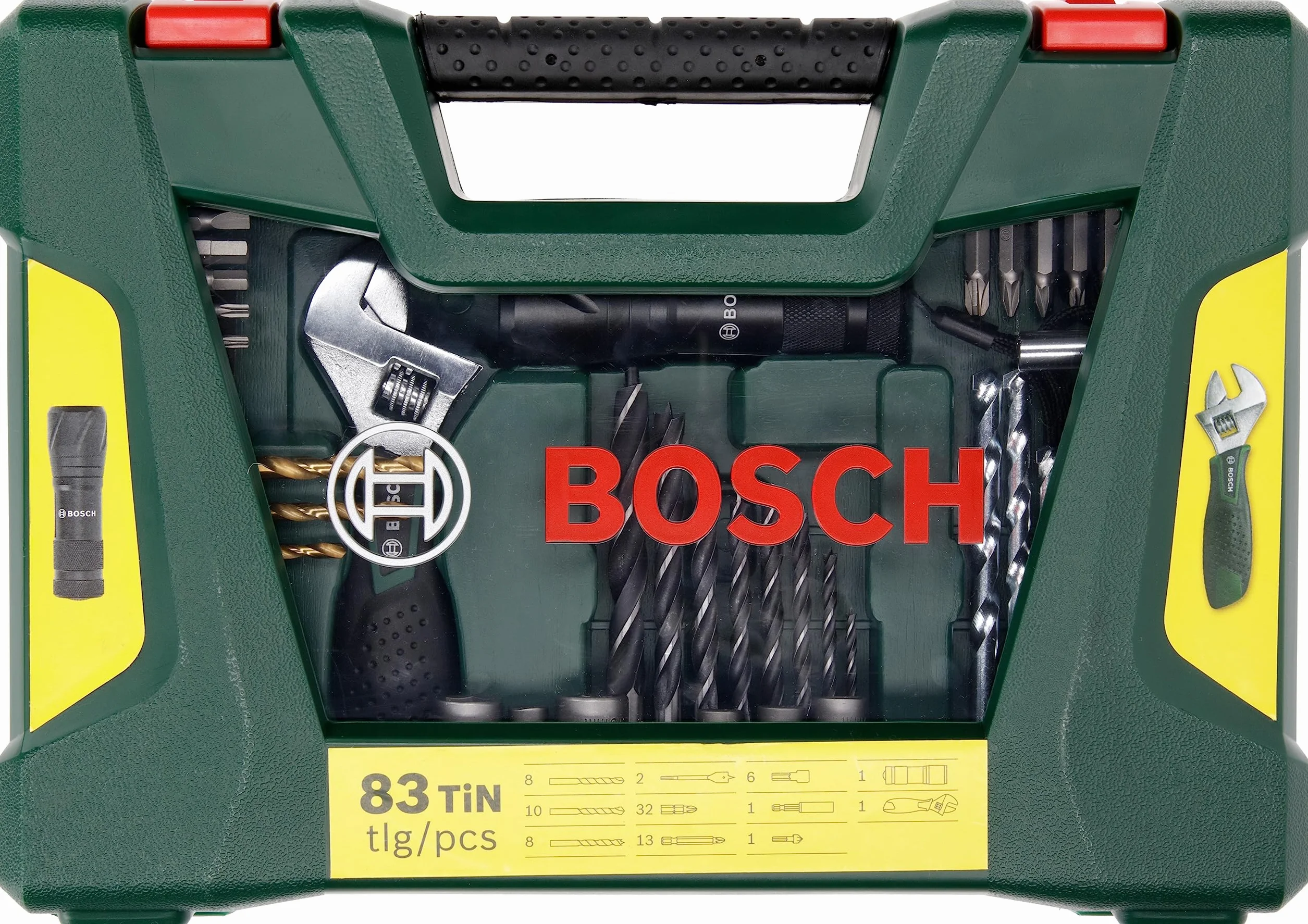 Bosch 83-częściowy zestaw wierteł TiN i końcówek wkręcających V-Line (z latarką LED i kluczem rozsuwanym główkowym, do drewna, kamienia i metalu, Akcesoria wiertło)