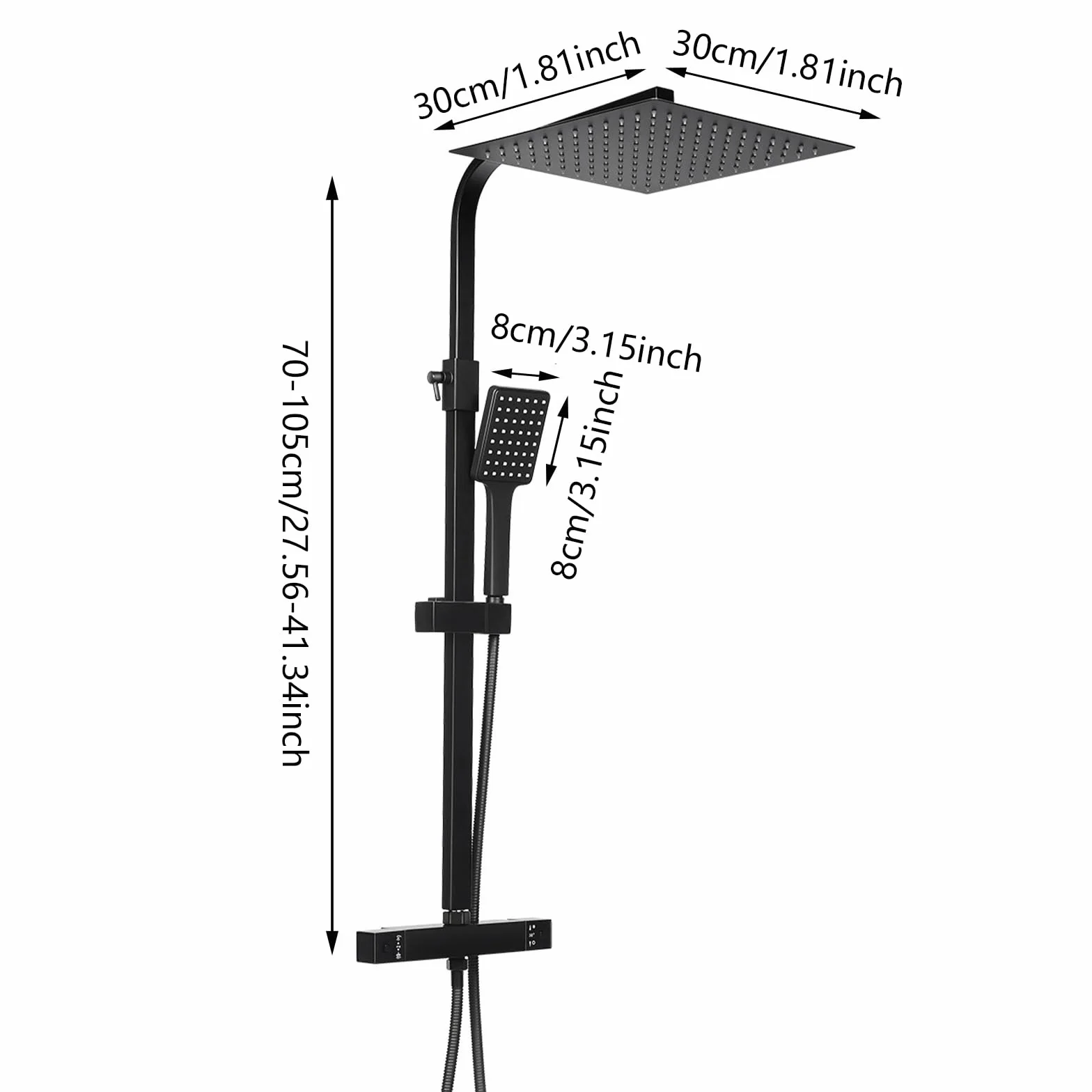 Termostat obracany o 360°, montaż ścienny, system prysznicowy, czarny, deszczownica 30 x 30 cm i słuchawka prysznicowa, ochrona przed oparzeniem 38°C, zawór ceramiczny, regulacja wysokości 70-105 cm