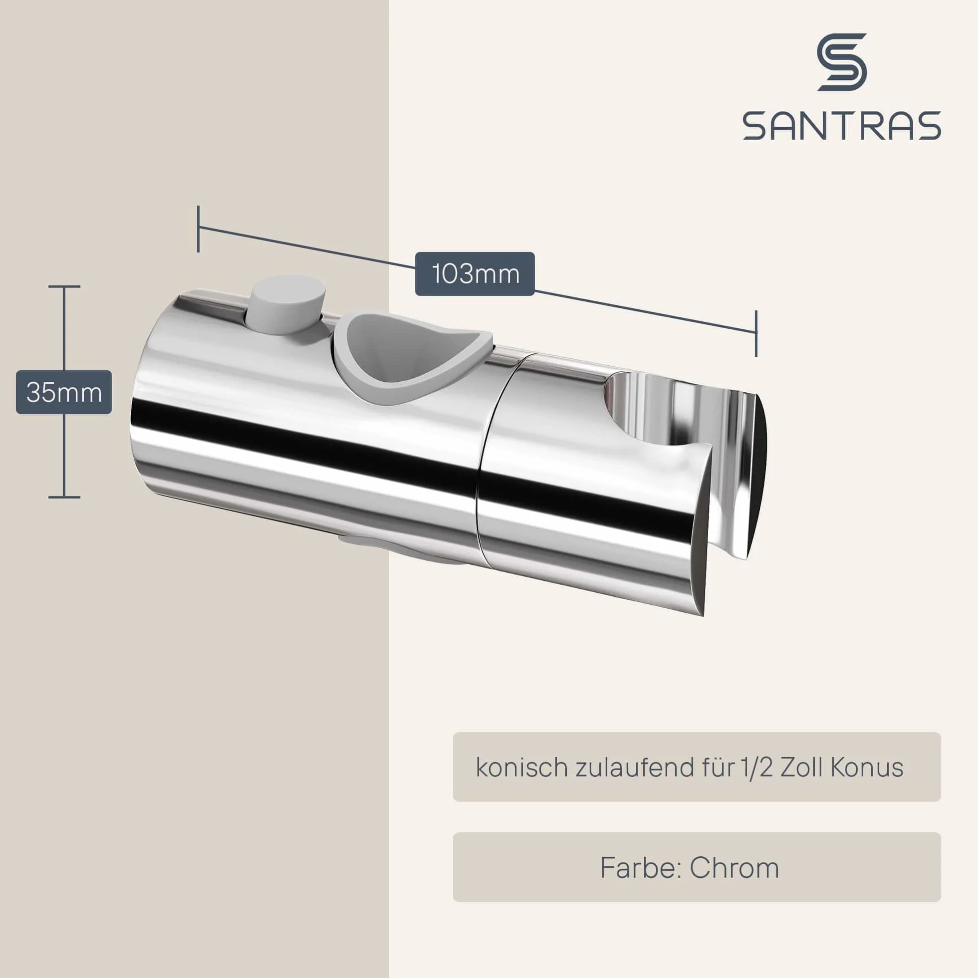SANTRAS® Uniwersalny ślizgacz jako uchwyt na główkę prysznicową (ø 25 mm) w kolorze chromu - chromowany uchwyt na główkę prysznicową w łazience, obracany o 360°, wykonany z tworzywa sztucznego