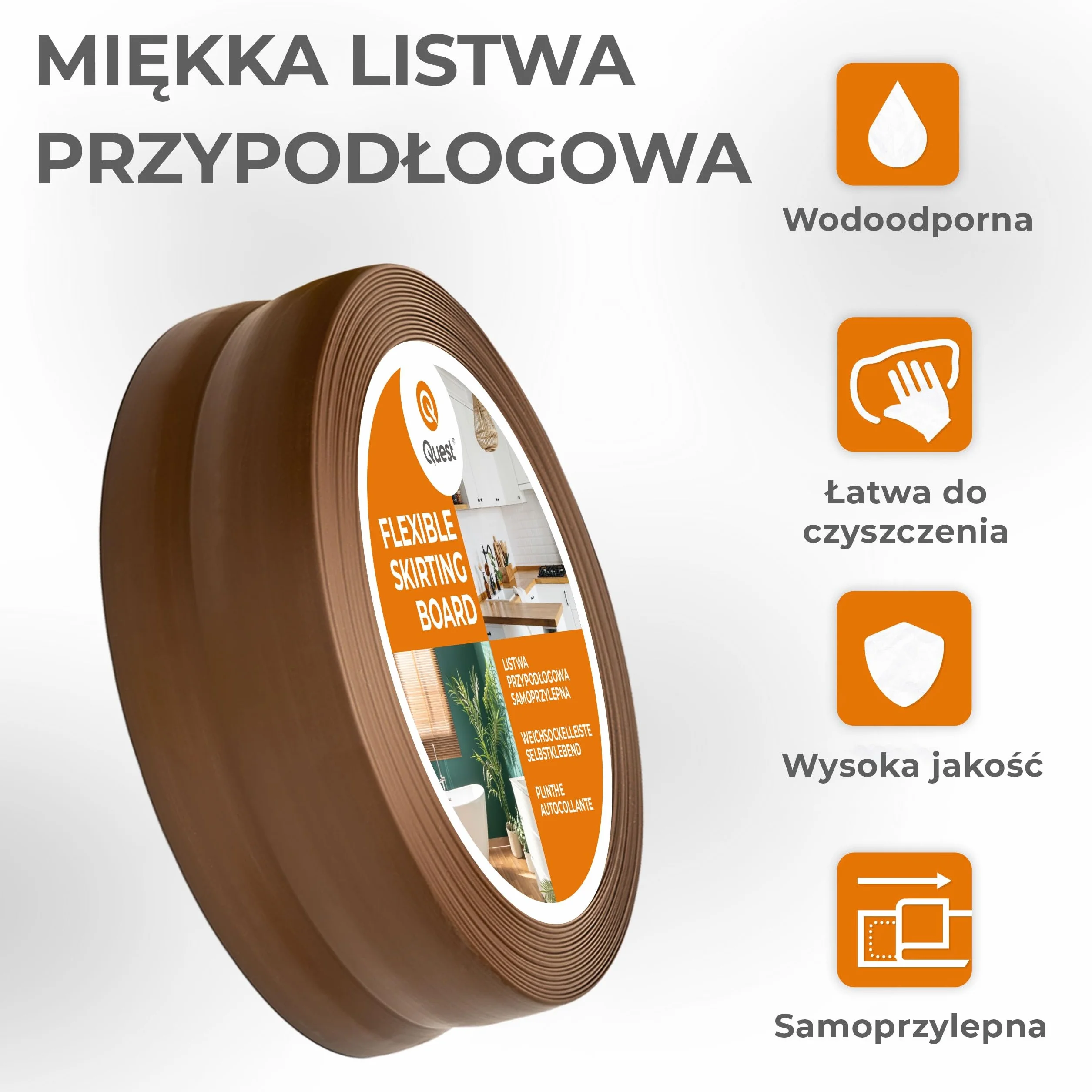 QUEST Listwa przypodłogowa PVC 32x23 mm, samoprzylepna elastyczna, miękka listwa podłogowa, cokołowa, ciemny brąz, 15 m