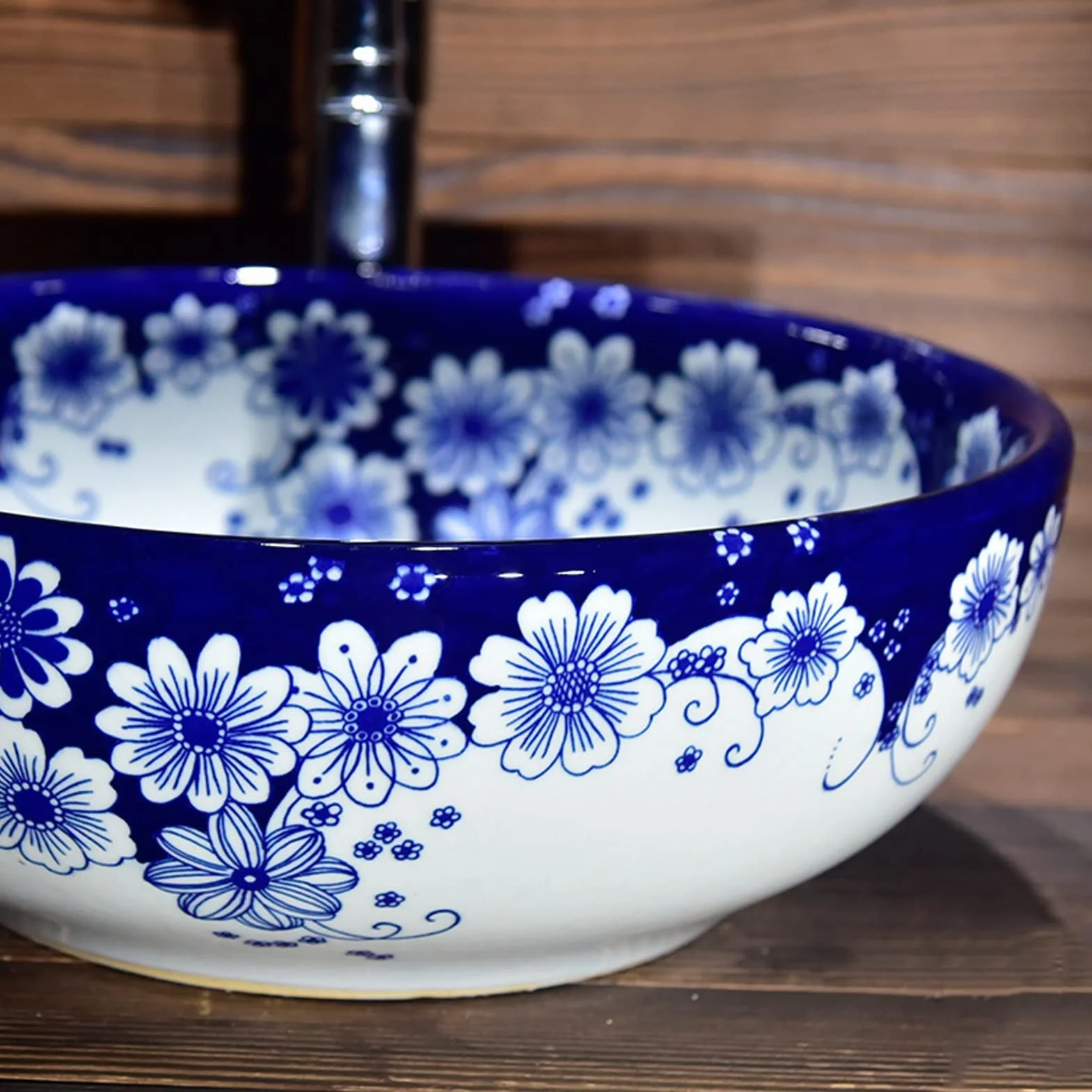Umywalka Łazienkowa W Chińskiej Tradycji, Niebiesko-Biała, Porcelanowa, Okrągła, Ceramiczna Umywalka Nablatowa, Umywalka Nablatowa Do Łazienki