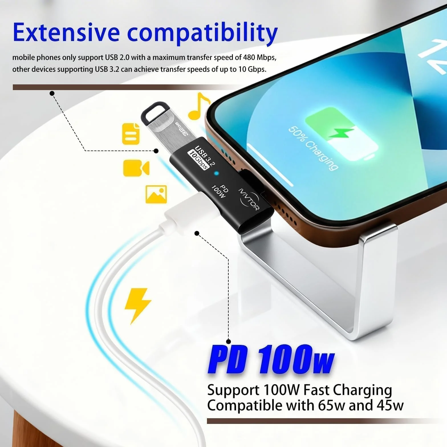 Adapter USB-C OTG 2 w 1 USB-A 3.2 10Gb/s Szybkie ładowanie 100 W Czarny