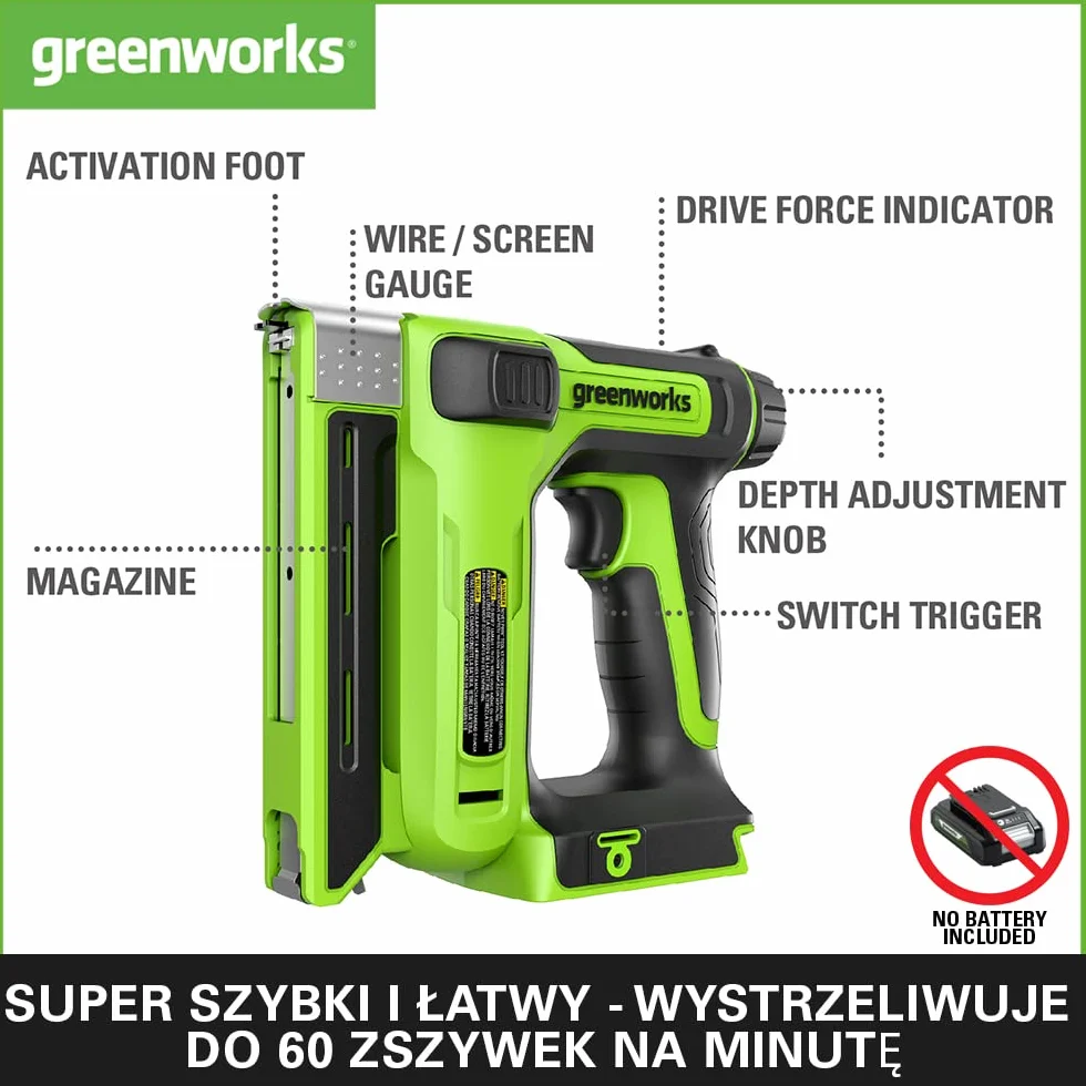 Greenworks G24CS10 Zszywacz Akumulatorowy, 60 szt./min do Zszywek Typu U 6-14 mm Lub Zszywek Typu T 15 mm, BEZ Baterii i Ładowarki 24V