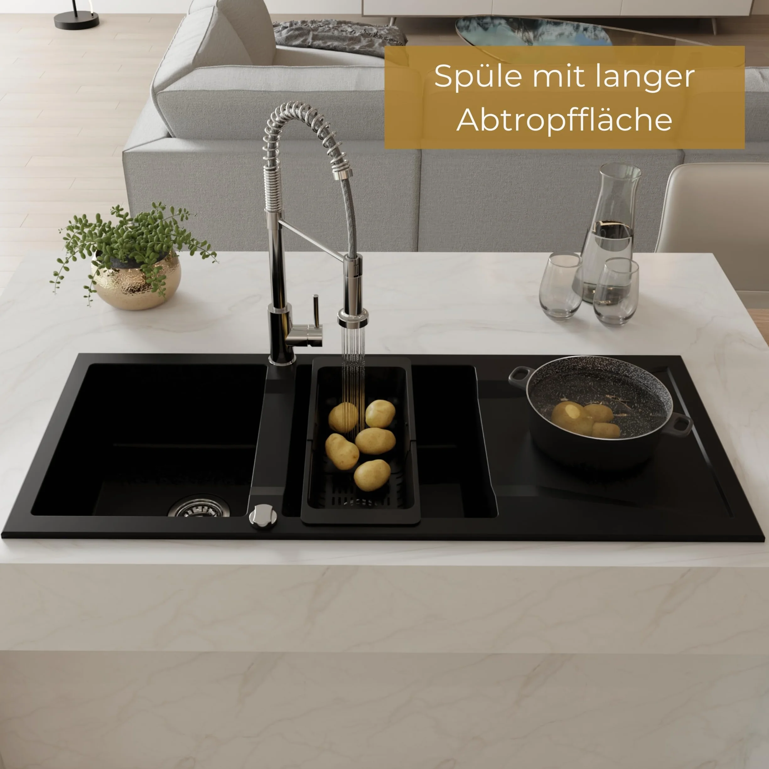 SINK QUALITY podwójny zlewozmywak z ociekaczem, zlewozmywak granitowy czarny 116 x 50 cm, podwójny zlew z syfonem i substancją impregnującą, 2 umywalki zlewozmywaki kuchenne od 80