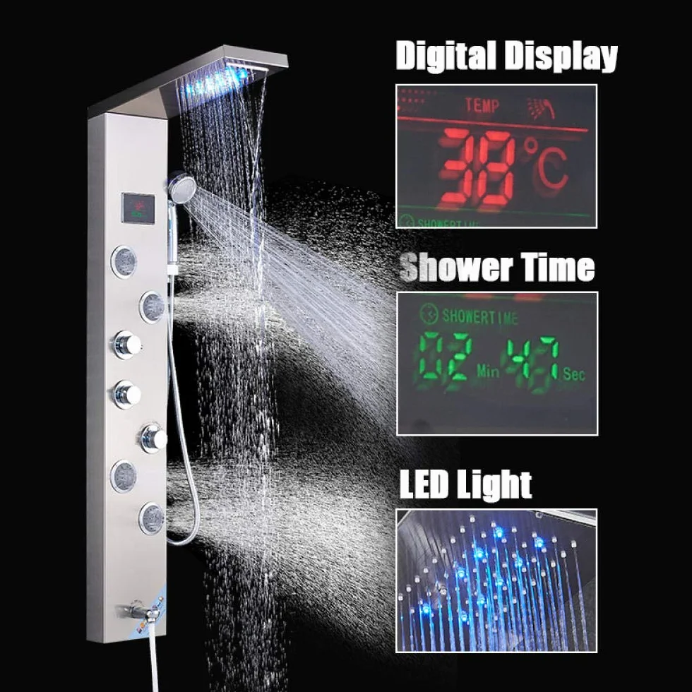 Panel prysznicowy do wanny z wyświetlaczem temperatury LCD, kolumna prysznicowa LED ze stali nierdzewnej z dyszą korpusu SPA, dysze do masażu