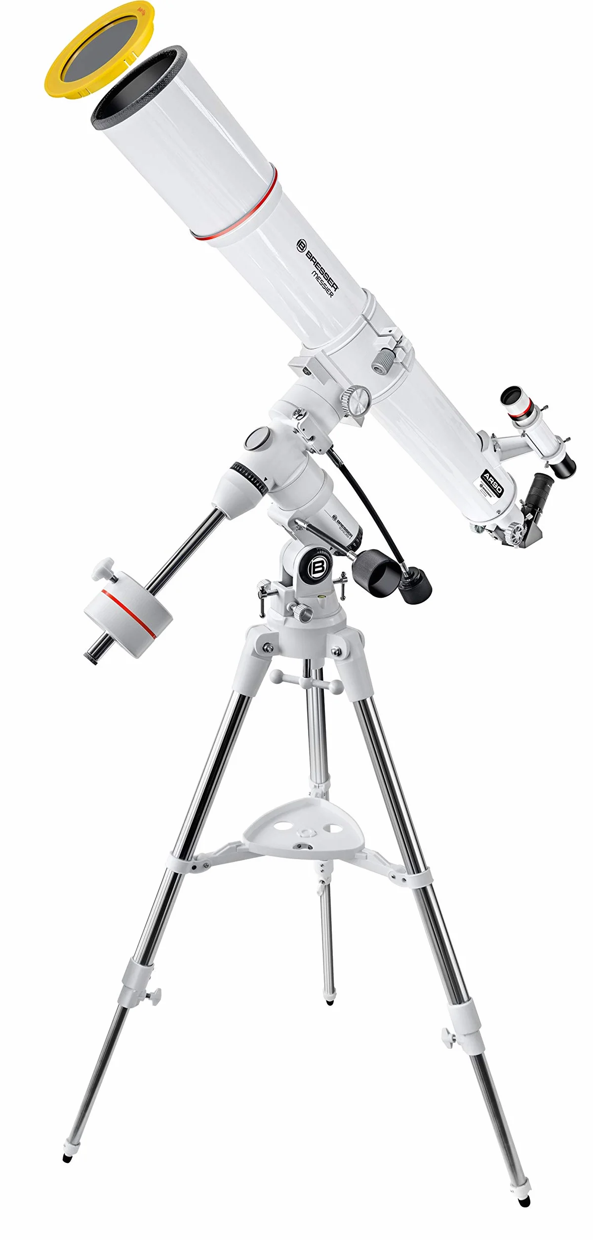 Bresser Teleskopowy miernik AR-90/900 EXOS1/EQ4 z montażem równym, 3-nożny statyw z rur stalowych z uniwersalnym uchwytem pryzmatycznym do obserwacji księżyca i planet