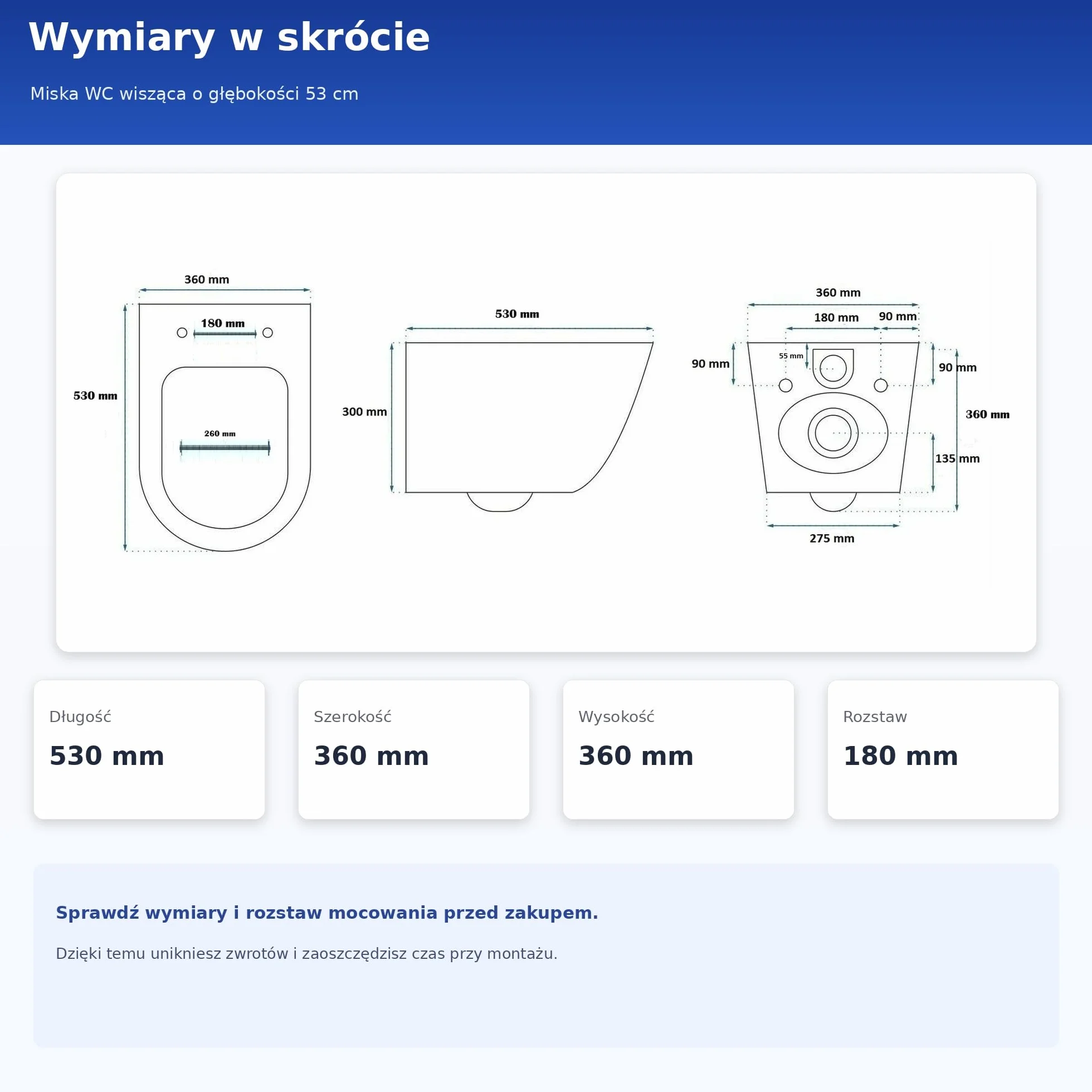 Wisząca + WC bez kołnierza 53 cm, naścienna WC z deską Softclose, biała