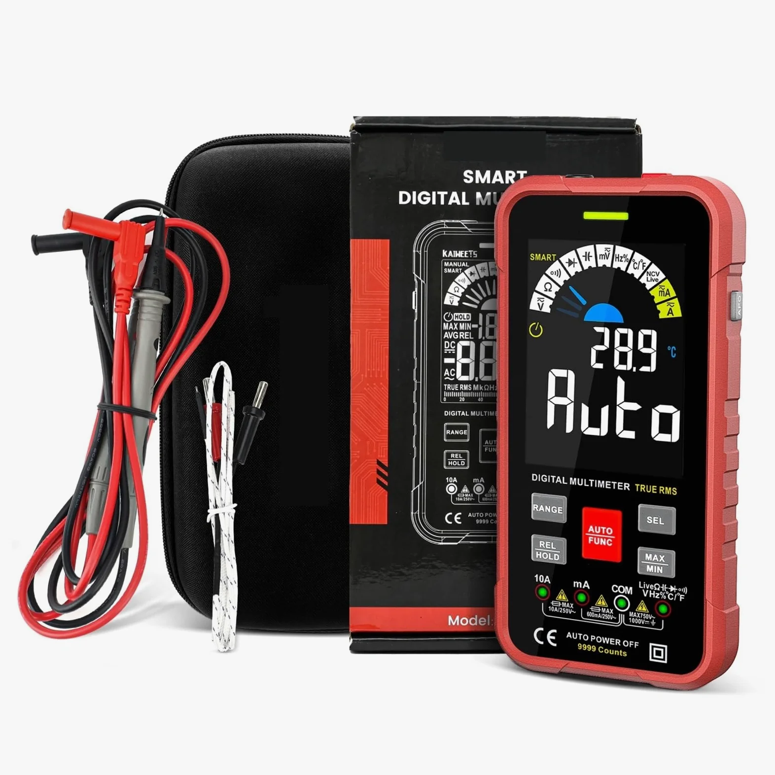 9999 Liczy Multimetr Cyfrowy Smart Auto Zakres 1000V 10A Miernik Testowy Ohm Pojemność REL True AC DC DMM Szybko Dokładnie Łatwy Odczyt(Red)
