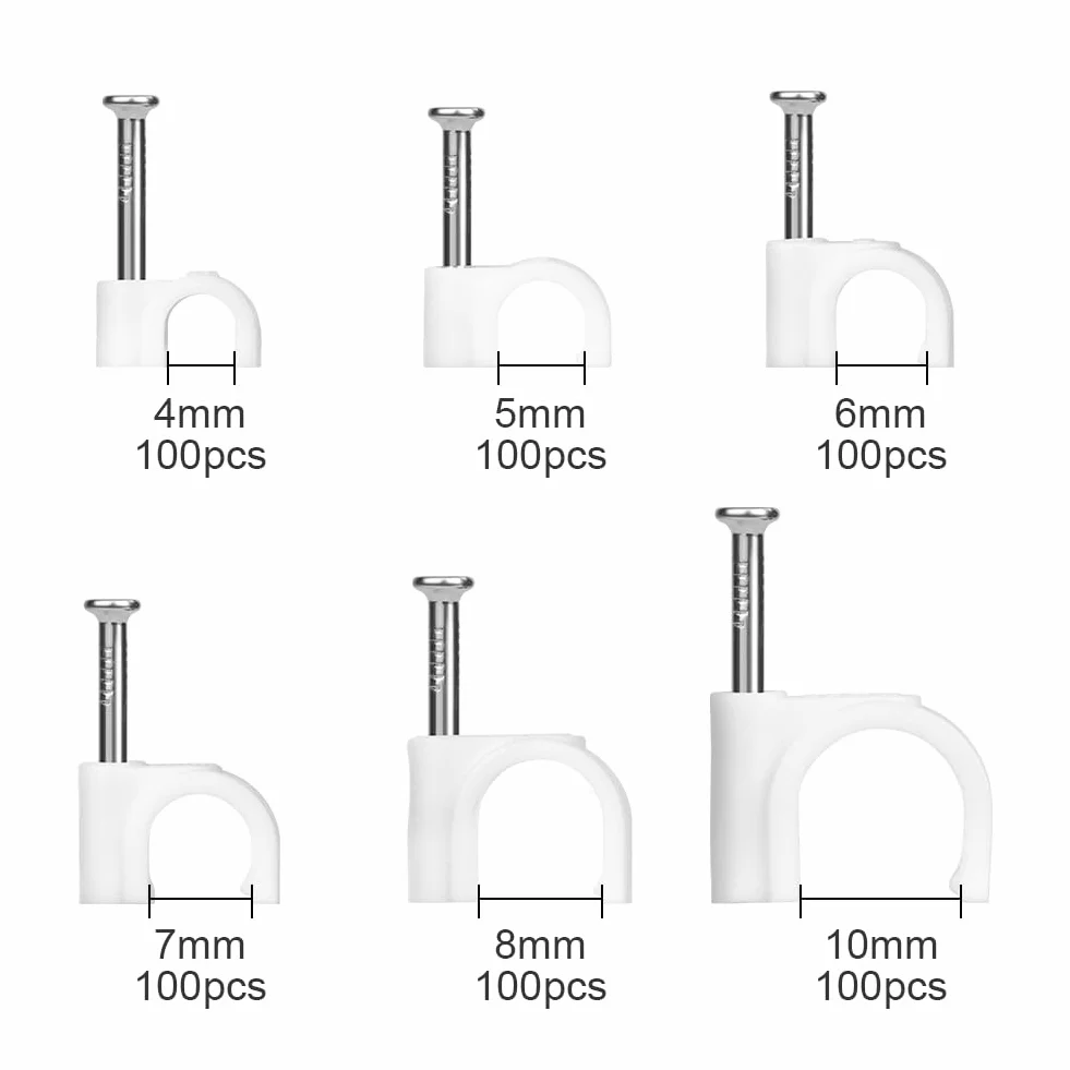 URAQT Zaciski do kabli 600 szt. Zaciski do gwoździ okrągłych wsporników kablowych z klipsami do kabli wtykowych 4 mm, 6 mm, 8 mm