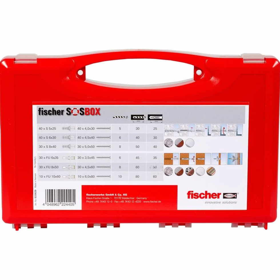 fischer SOS-Box kołek rozporowy S i uniwersalne kołki rozporowe FU, wstępnie posortowane pudełko asortymentowe z 360 kołkami i pasującymi śrubami do wielu materiałów budowlanych i różnorodnych