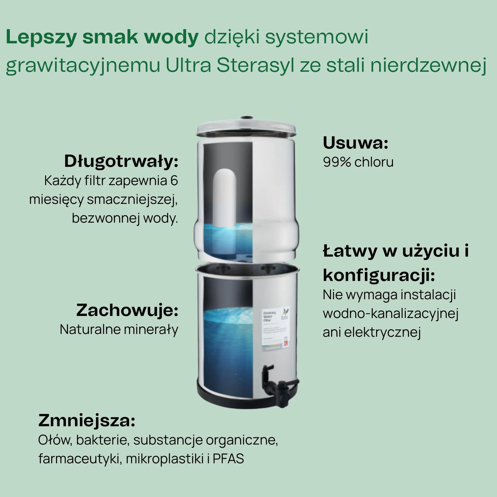 British Berkefeld System Filtracji Wody Grawitacyjnej 6L Ze Stali Nierdzewnej | W Zestawie 2 Wkłady Ultra Sterasyl | Czysta Woda O Doskonałym Smaku | Nie Wymaga Zasilania Ani Instalacji Wodociągowej