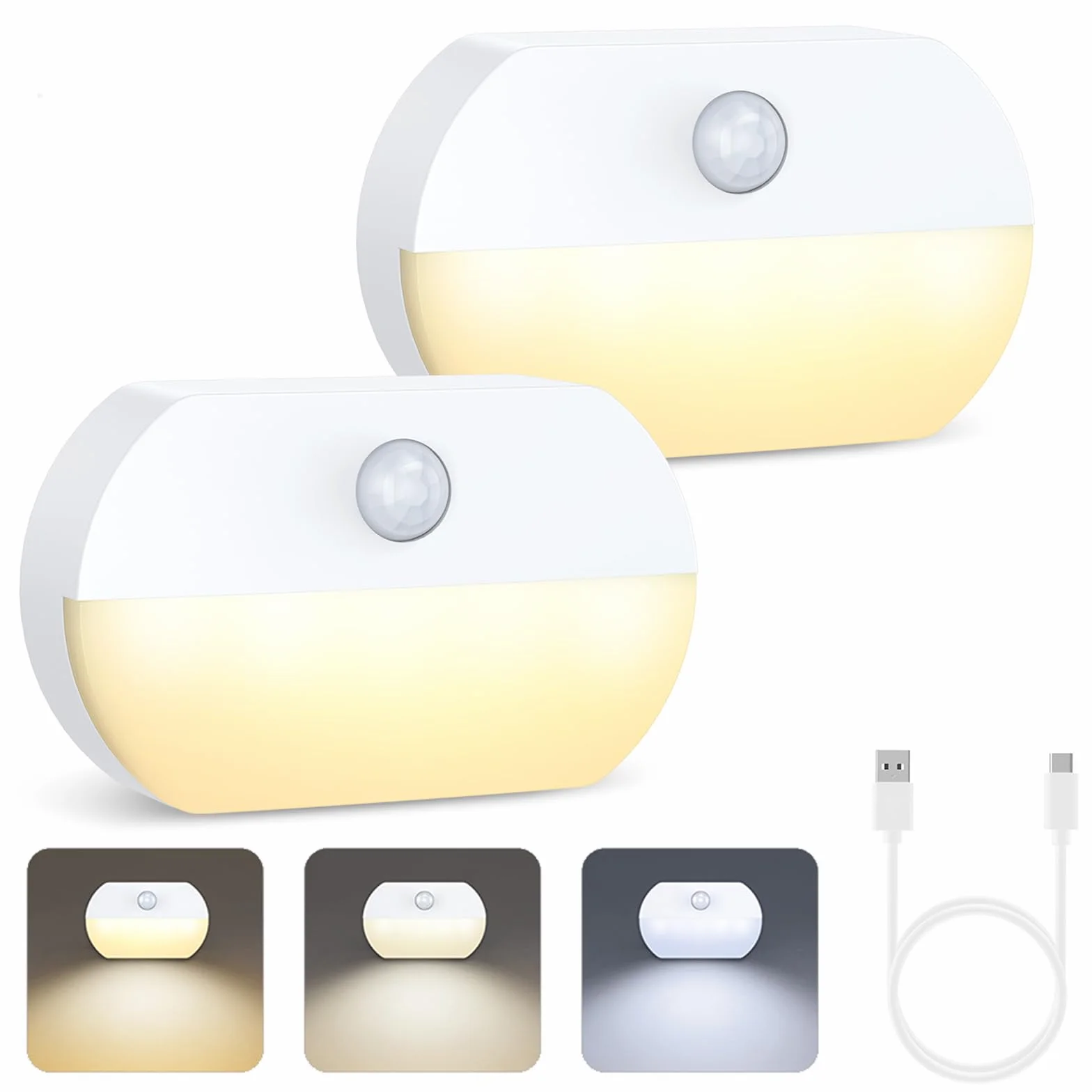 Lampka nocna z czujnikiem ruchu, 2 sztuki LED typu C z 3 trybami (AUTO/OFF/ON), 3 regulowane temperatury barwowe (6000K-4000K-3000K), lampka nocna dla dzieci do sypialni