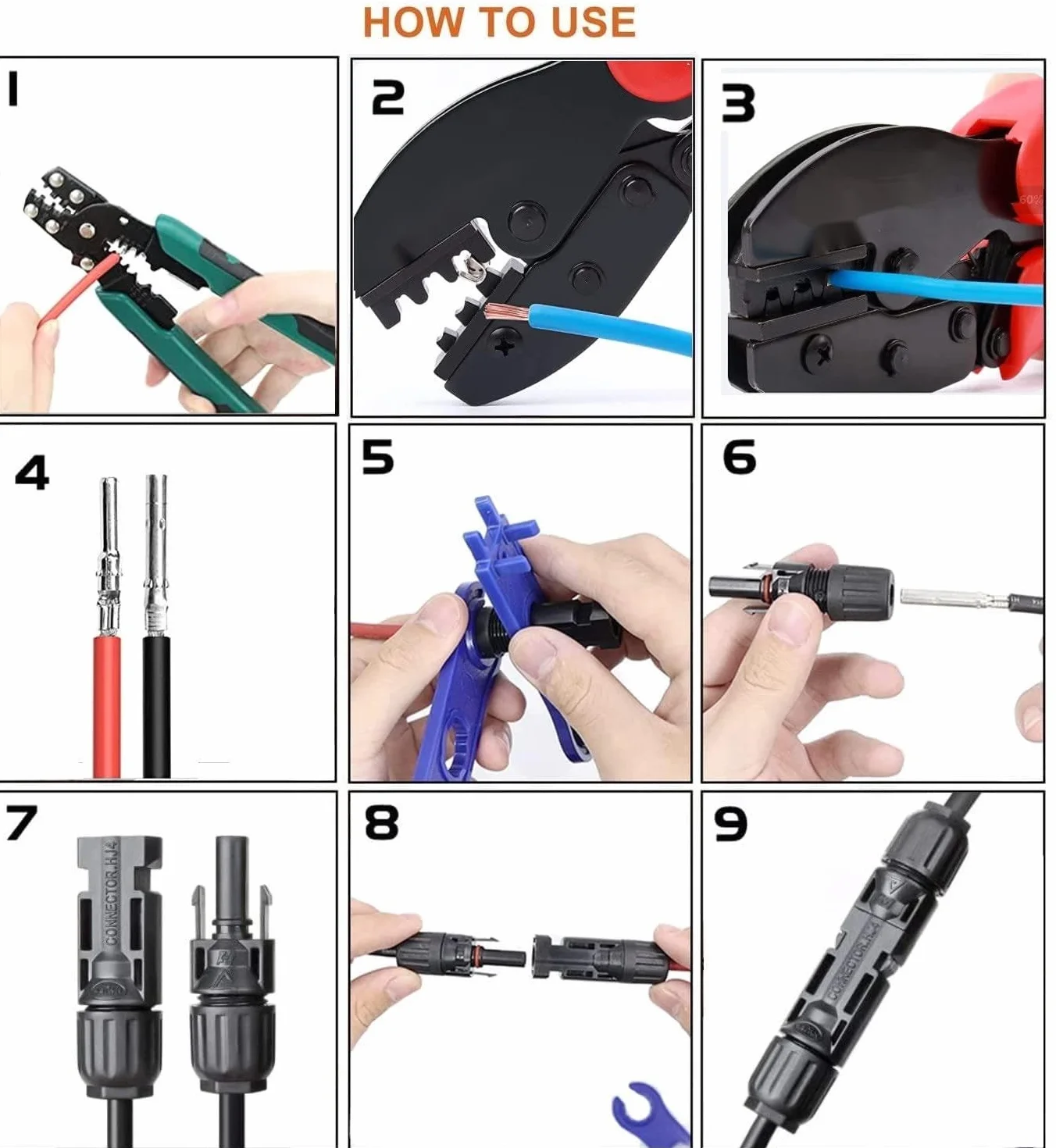 Zestaw zacisków solarnych do paneli słonecznych 2,5/4/6 mm², kabel PV, 1 x pręt dociskowy PV, 10 par złączy do kabli słonecznych, 10 par męskich / żeńskich kolektorów słonecznych, 2 x klucz płaski do