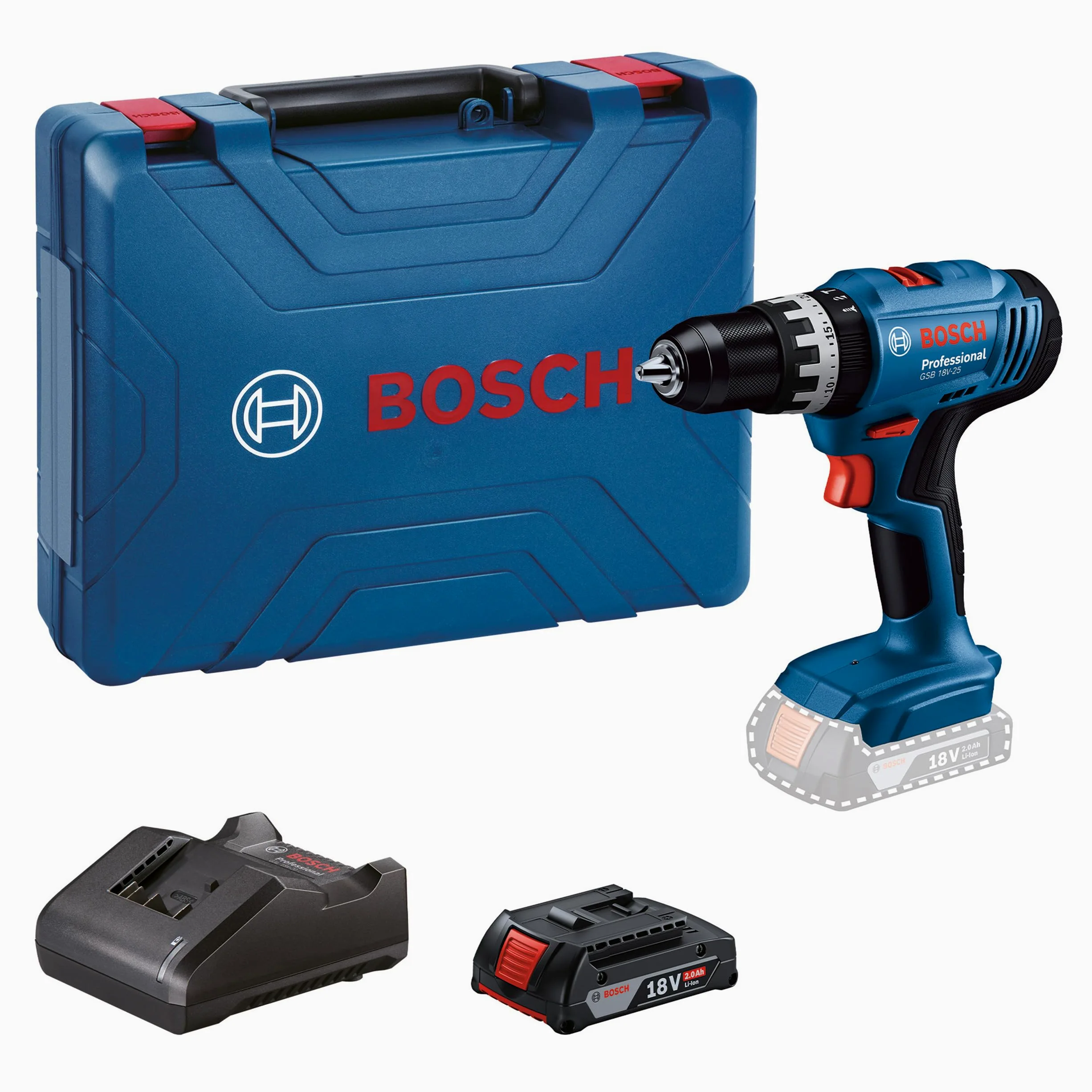Bosch Professional 18V System Akumulatorowa wiertarko-wkrętarka udarowa GSB 18V-25 (maks. Ø wkrętów 10 mm, 1 akumulator GBA 18V 2.0Ah, 1 ładowarka GAL 18V-20, walizka)