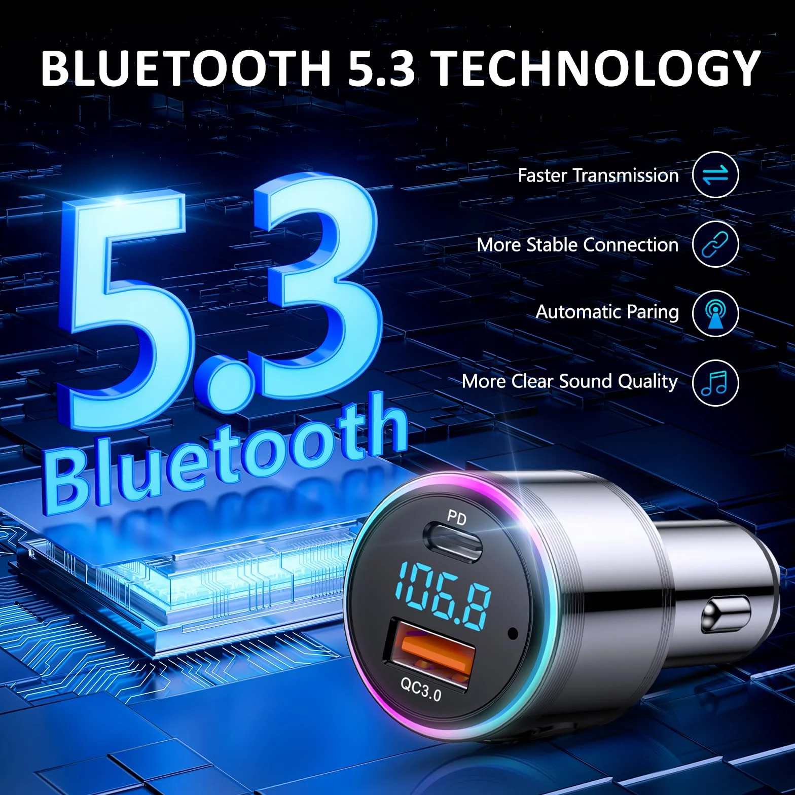LENCENT 5.3 Bluetooth FM Nadajnik Samochodowy 20W USB-C QC3.0 Ładowarka Zestaw Głośnomówiący