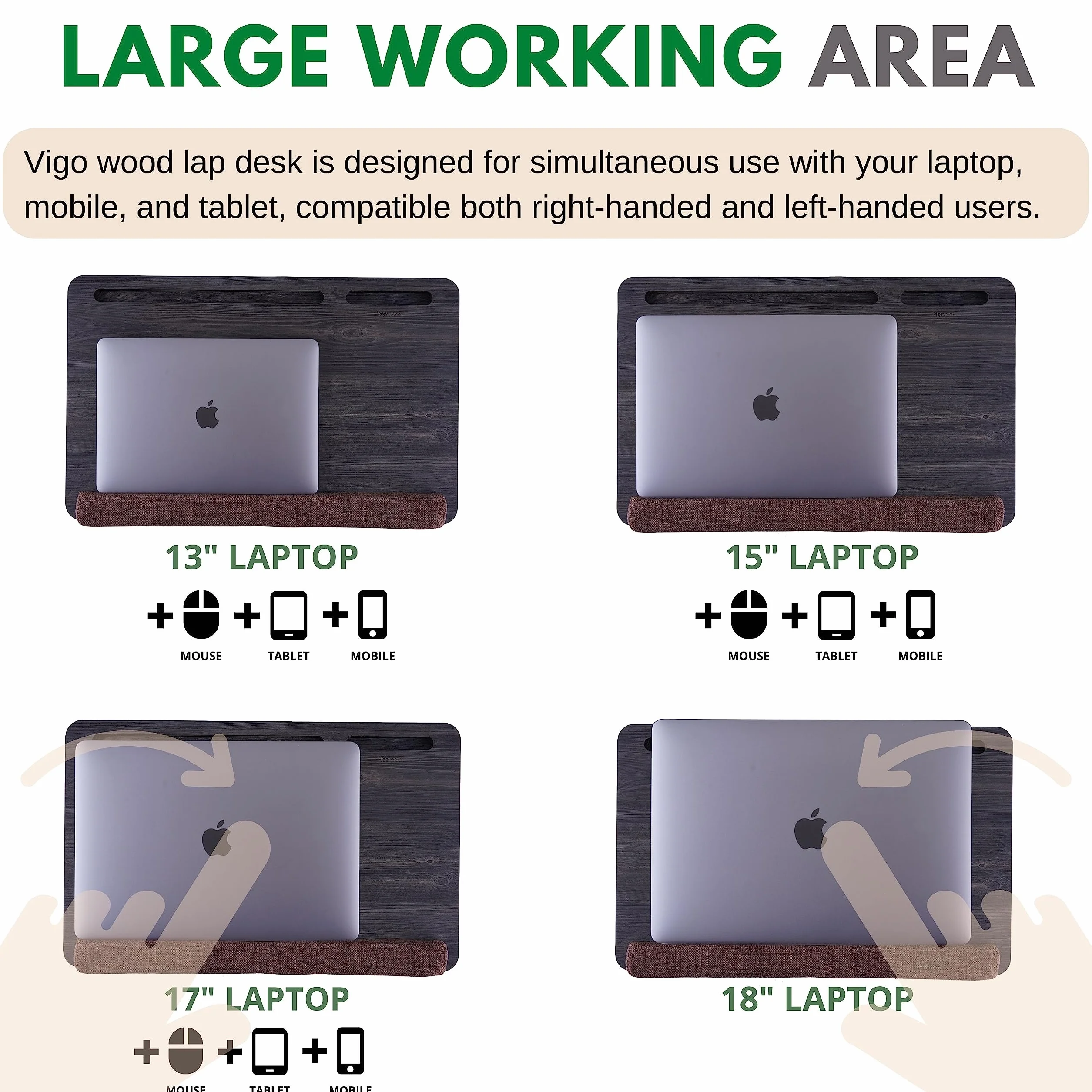 Vigo Wood Drewniane Biurko na Laptopa z Poduszką, Pasuje do 17,3", Przenośny Stolik z Uchwytami na Tablet i Telefon