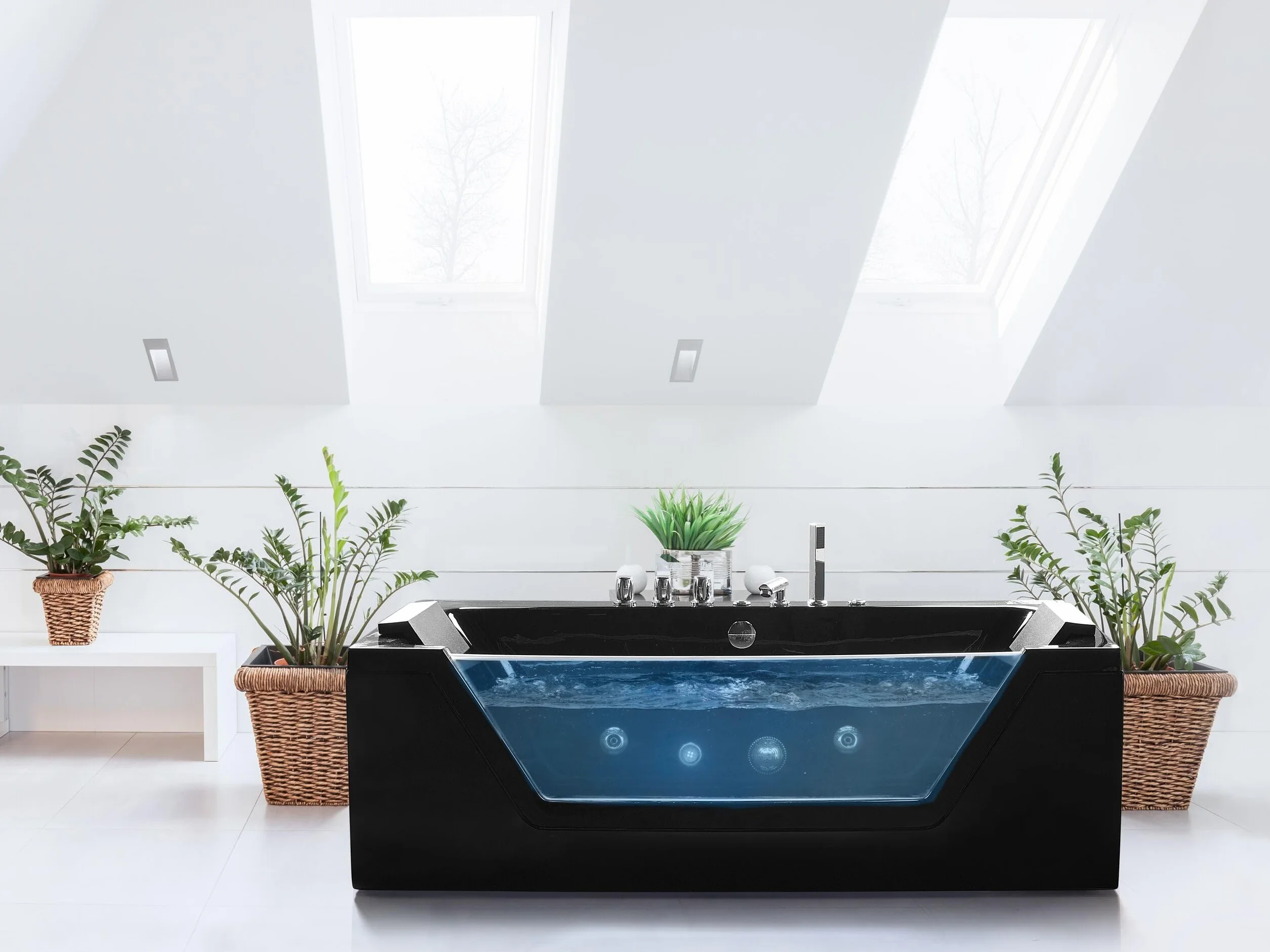 Wanna z hydromasażem czarna akrylowa LED z zagłówkami 160 x 76 cm Samana