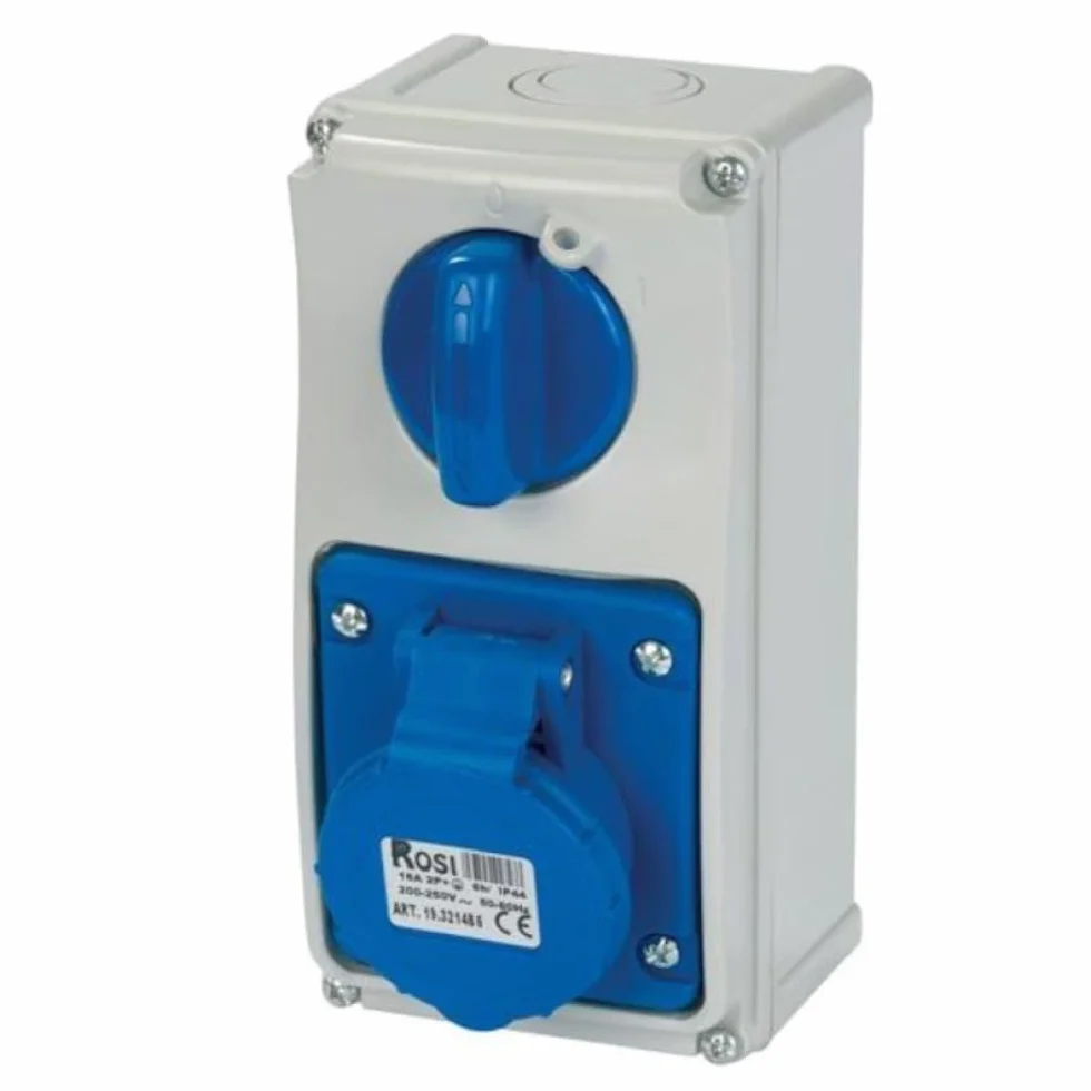 Pionowe gniazdo blokujące z wyłącznikiem przełącznikowym, montowane na ścianie, dolne, 220 V, 230 V, 3-biegunowe 2P+T, 32 A, IP54 wewnątrz