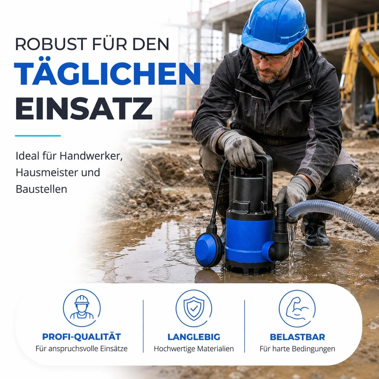 Pompa zanurzeniowa 400 W do brudnej wody, z przepływem 7500 l/h – maks. wysokość tłoczenia 5 m, głębokość zanurzenia 4 m, przewód 10 m, wyłącznik pływakowy i ochrona termiczna, powódź i wysoka woda