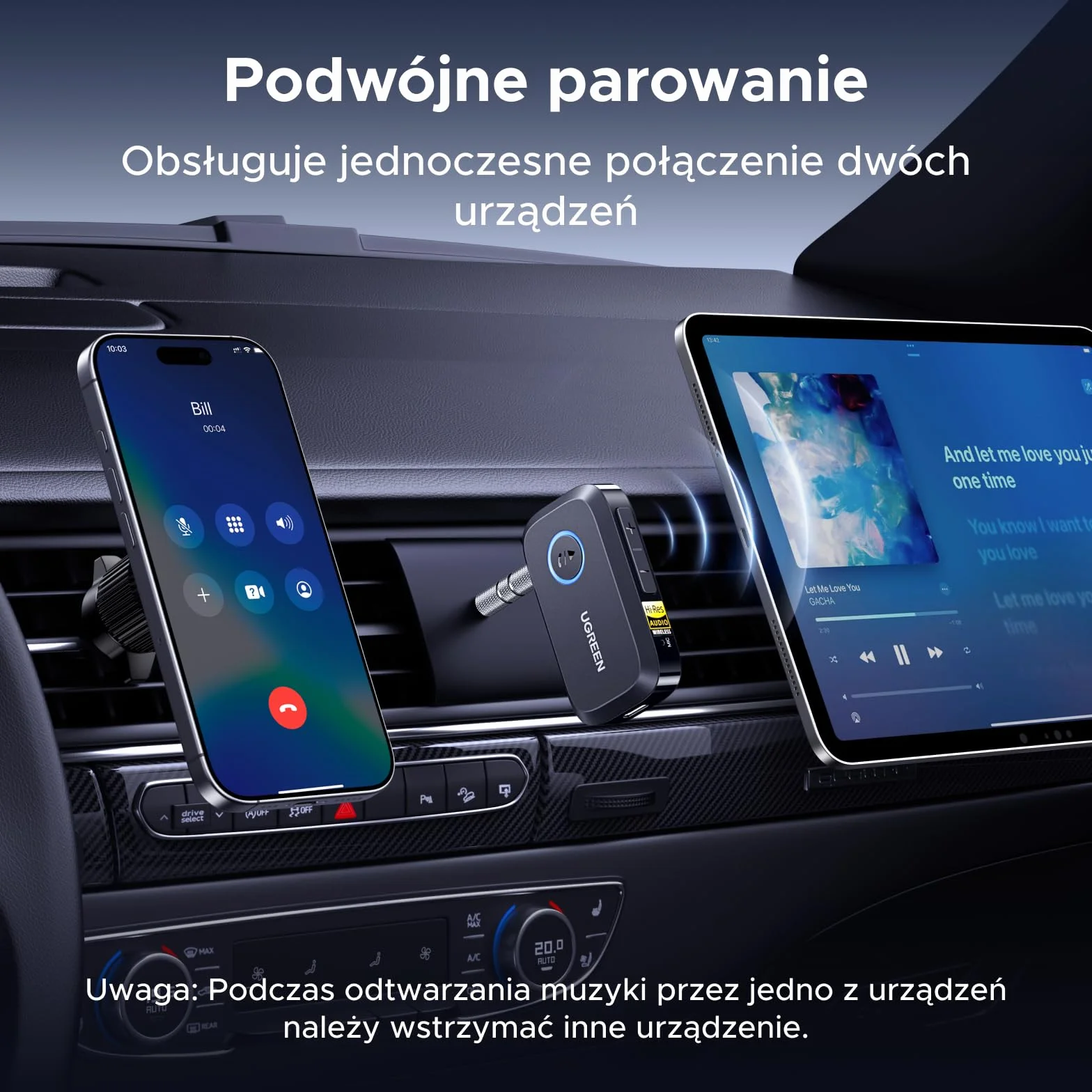UGREEN Adapter Bluetooth samochodowy LDAC Hi-Res Audio Gold Standard 17h baterii odbiornik Jack