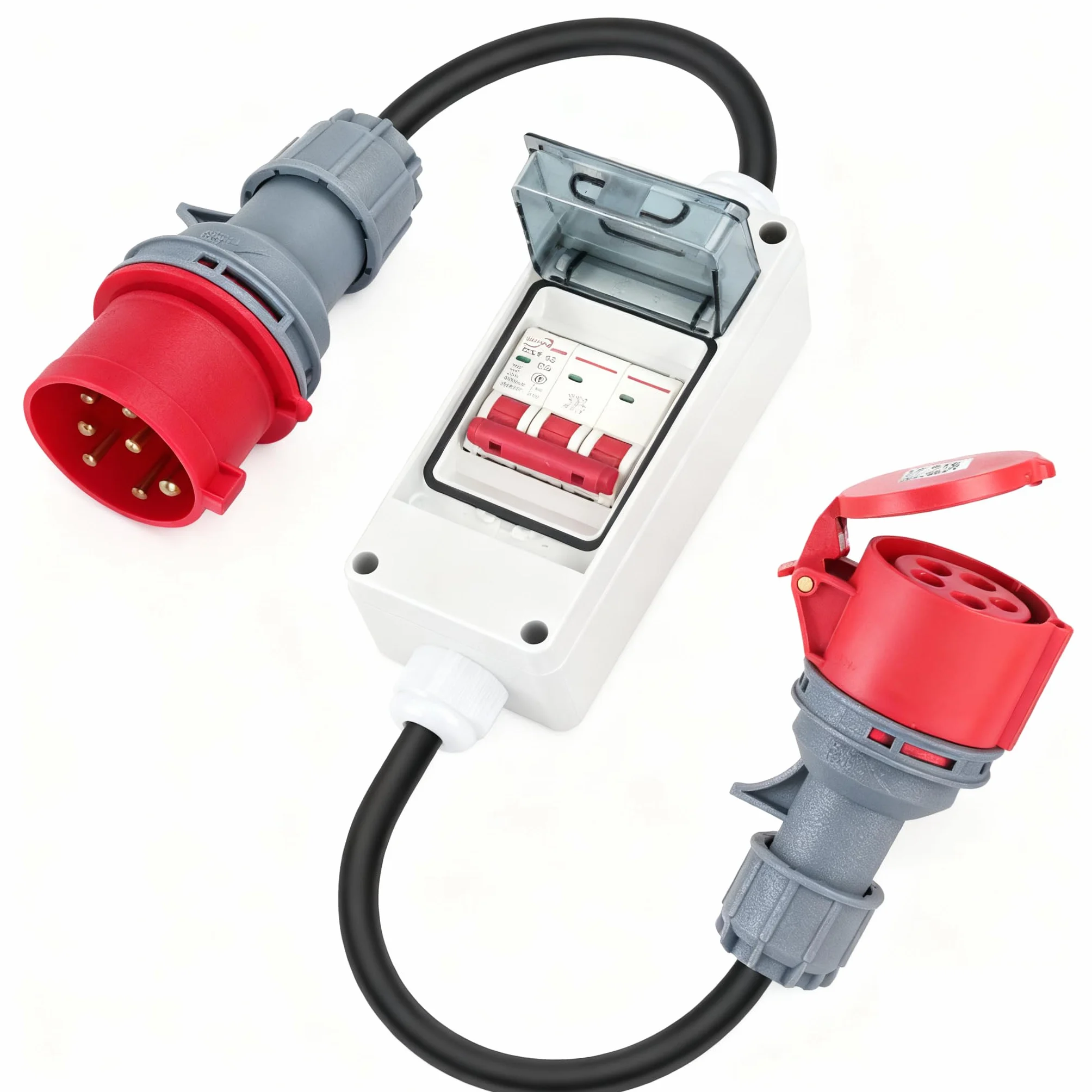 Adapter CEE 32A do 16A, wtyczka CEE IP44 z wyłącznikiem nadprądowym, wtyczka 32A 400V do gniazda 16A 400V, przedłużacz wysokonapięciowy CEE, adapter wysokonapięciowy i gniazdo (32A do 16A)