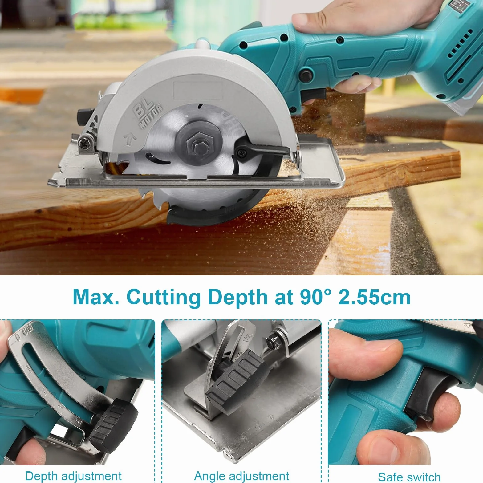 Akumulatorowa piła tarczowa do Makita 18 V, ręczna piła tarczowa z 3 piłami, silnik bezszczotkowy 1800 W, bezel 0-45° / głębokość 40 mm, do cięcia drewna miękkiego metalu