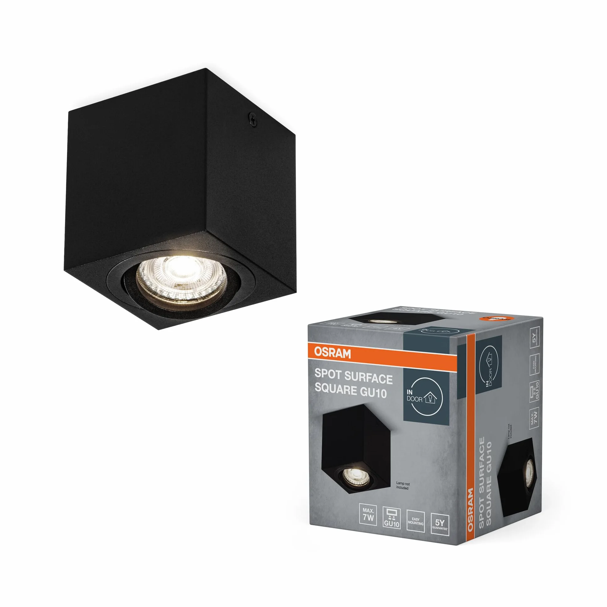 OSRAM Spot Surface Square montowana na suficie spot, czarna, z oprawką GU10, może być wyposażony w zwykłą lub inteligentną lampę LED, elastyczny kąt rozsyłu, stopień ochrony IP20, wysokiej jakości