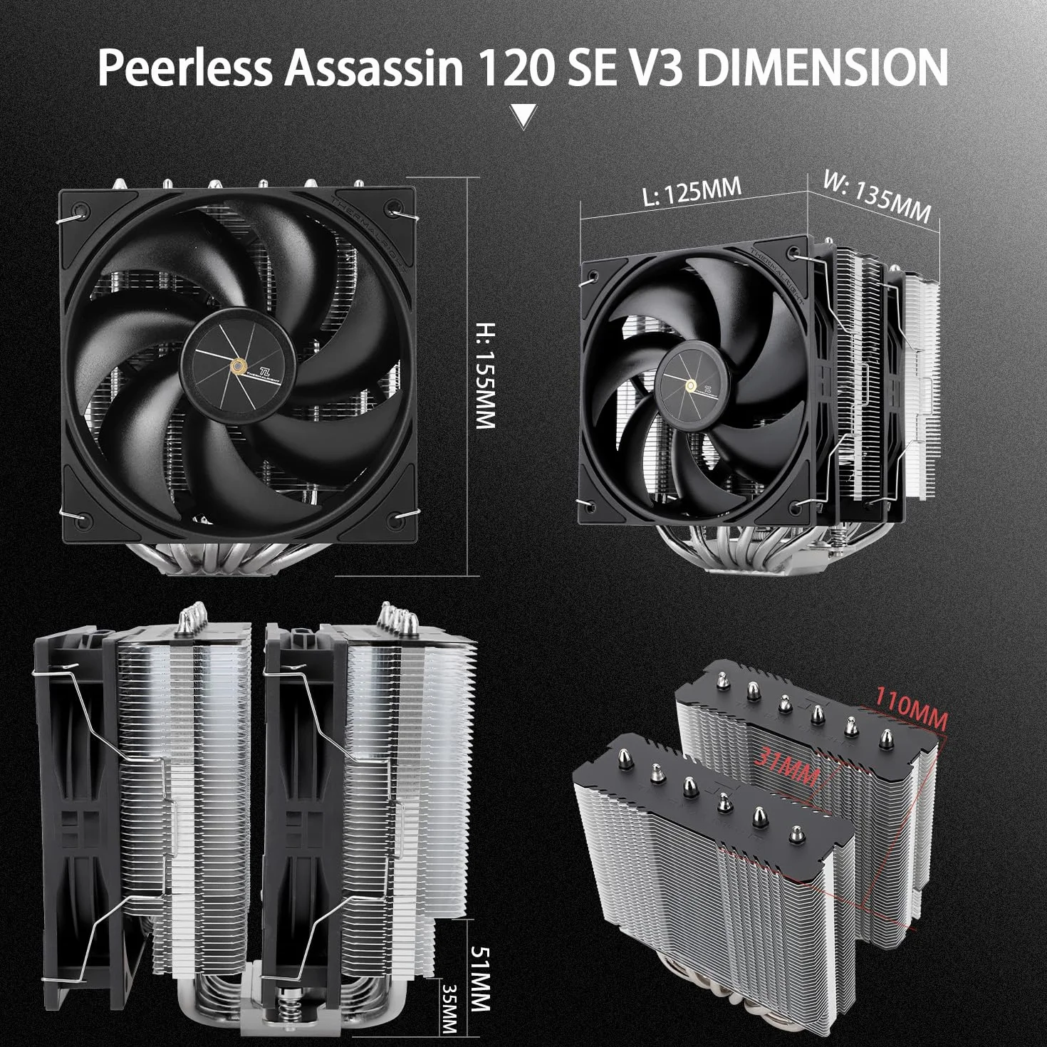 Thermalright Peerless Assassin 120 SE V3 CPU chłodnica powietrza, 6 rur cieplnych, podwójny wentylator TL-P12 PWM, aluminiowa osłona radiatora, do AM4/AM5/Intel LGA1851/1700/1150/1200(PA120SE V3)